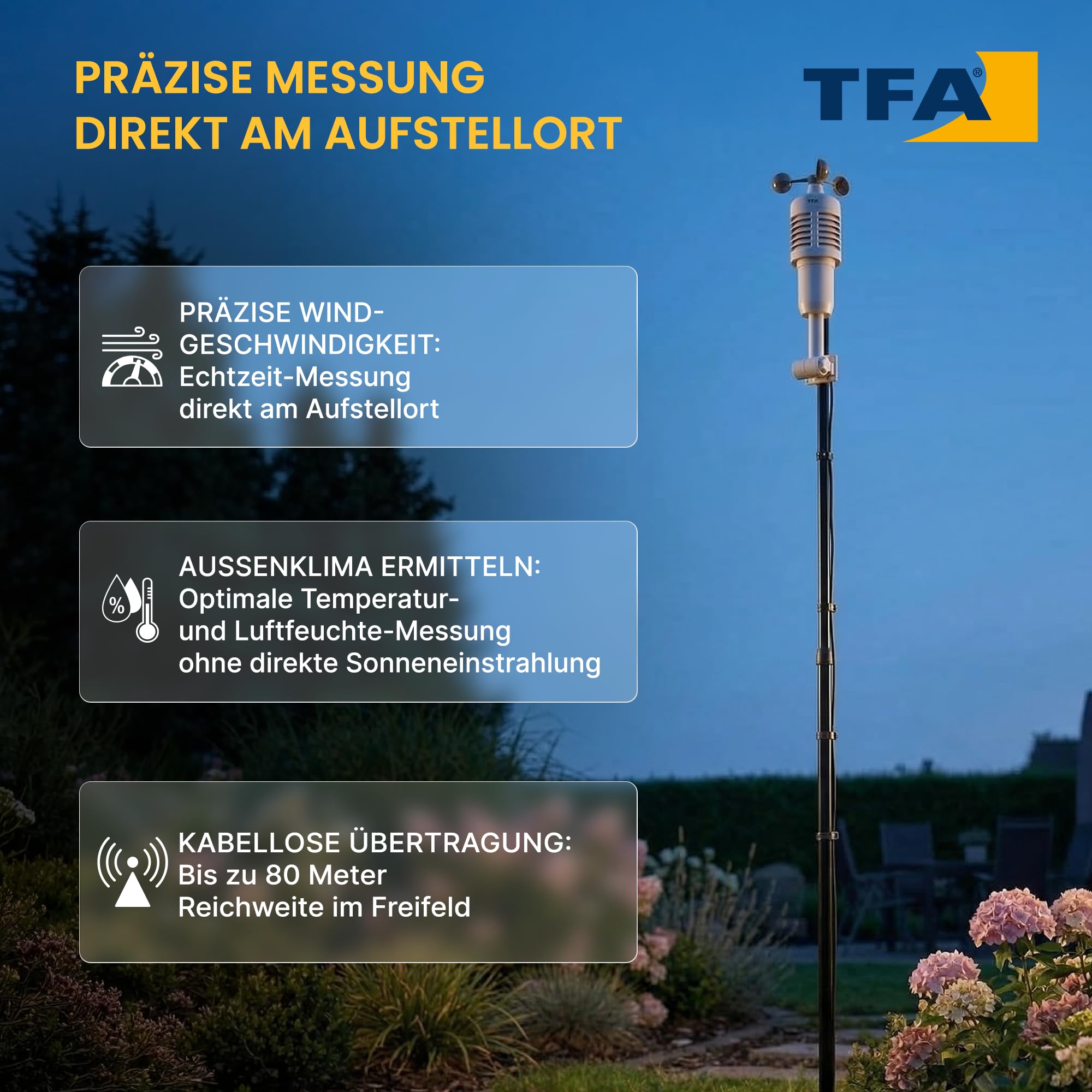 TFA Dostmann Spring Breeze Funk-Wetterstation, 35.1140.01, inkl Windmesser, mit Farbdisplay, Wettervorhersage mit Alarmgrenzen/Symbolen, inkl Funkuhr, Historie, Windgeschwindigkeit, Taupunkt, schwarz