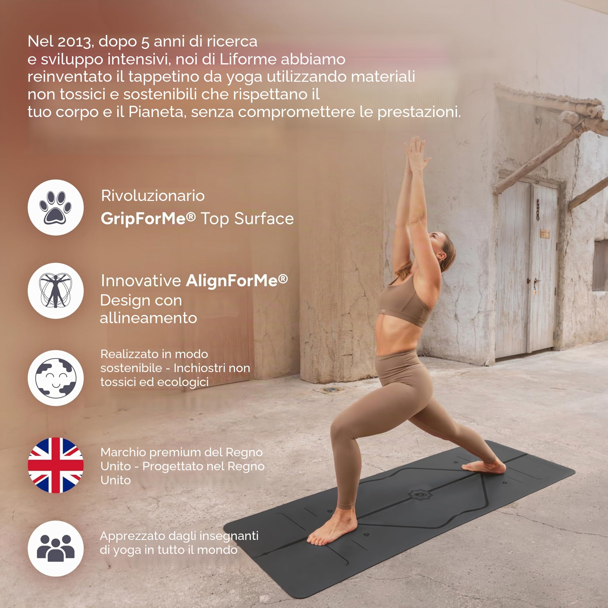 Tappetino yoga originale Liforme - Borsa yoga inclusa - Sistema di allineamento brevettato, presa da guerriero, antiscivolo, resistente al sudore, lungo, largo, spesso 4,2 mm per il comfort