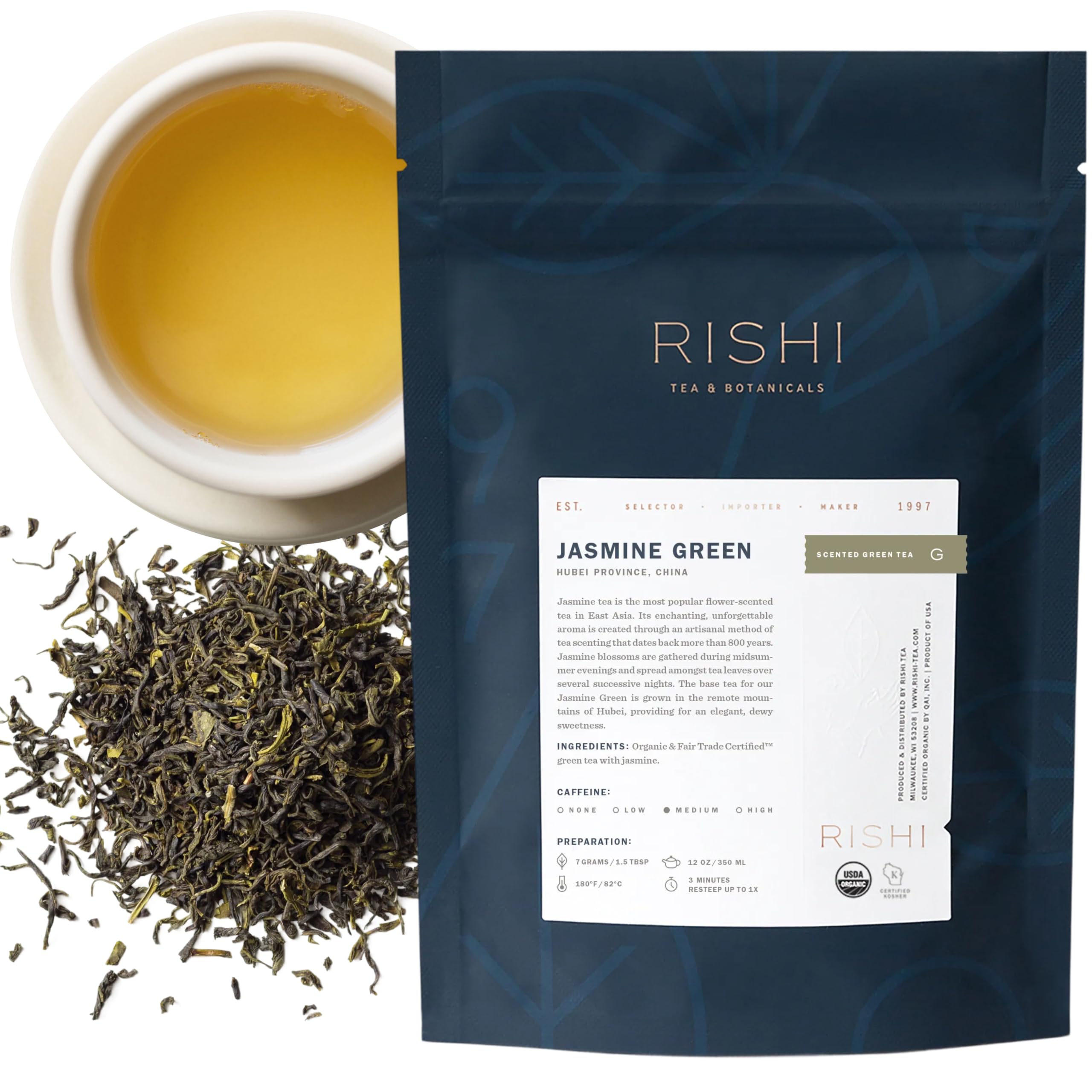 Rishi Tea Jasmine Organic Chinese Green Loose Leaf Tea, Caffeinated, 4oz Jasmine 1/4 Pound (Pack of 1)