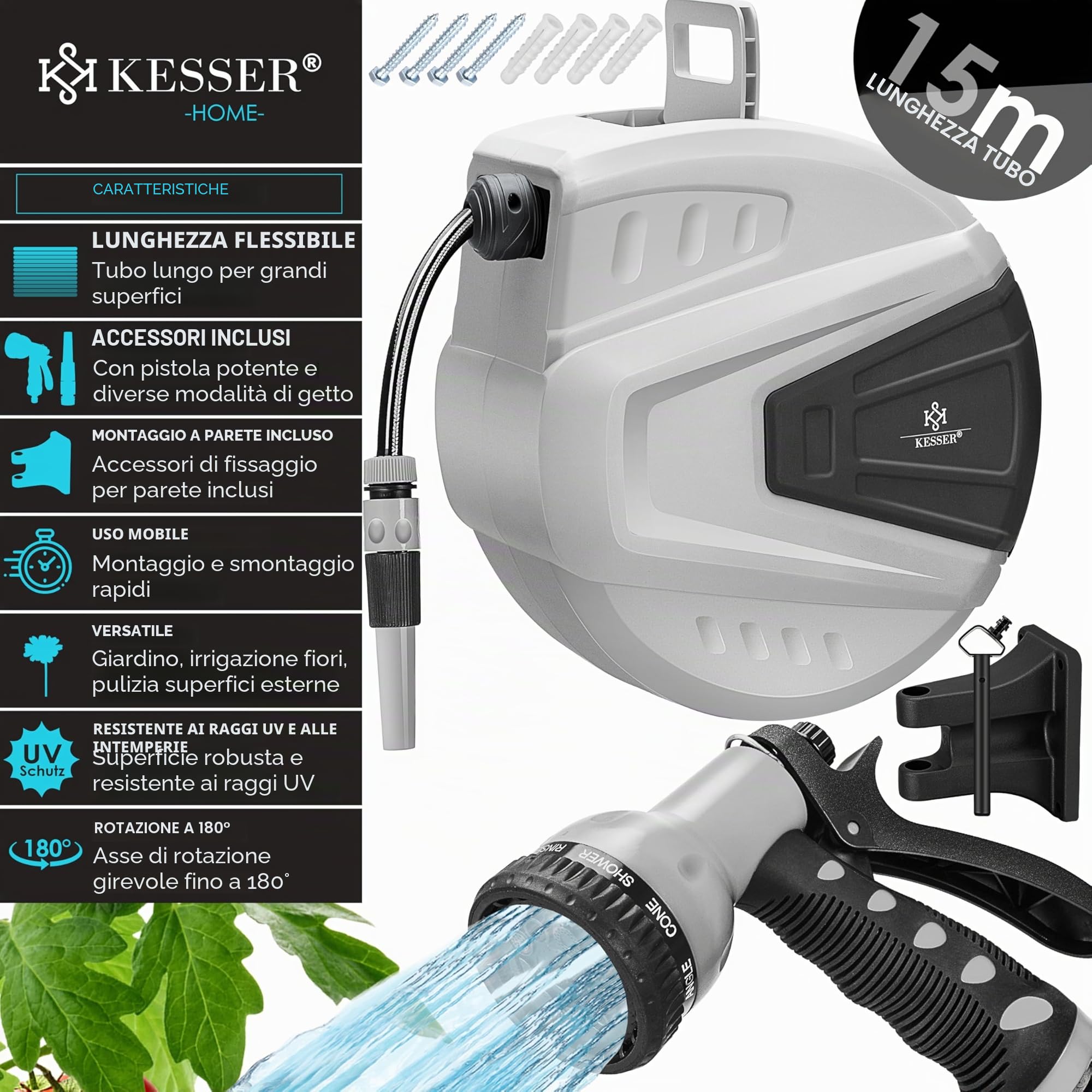 KESSER® Avvolgitore di Tubi Acqua | Doccetta Multipla | Orientabile a 180° | Tappo di riavvolgimento | Cassetta dei Tubi a Parete | Avvolgitubo dell'Acqua | Pompa da Giardino, Arancione, 15 Metri