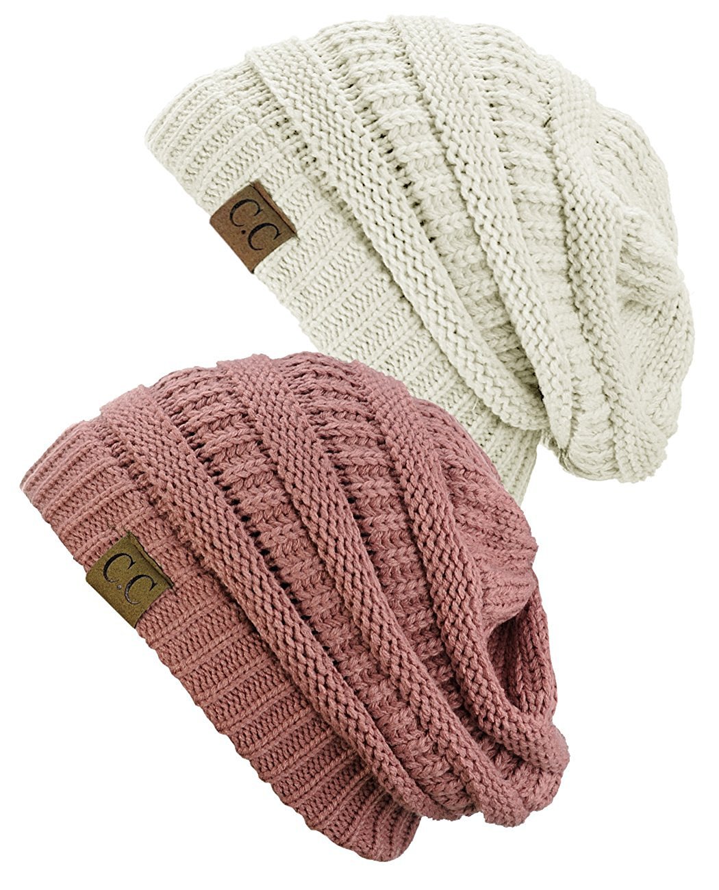 Gravity ThreadsWomens Knit Beanie Cap Hat (2 Pack), Ivory/Mauve