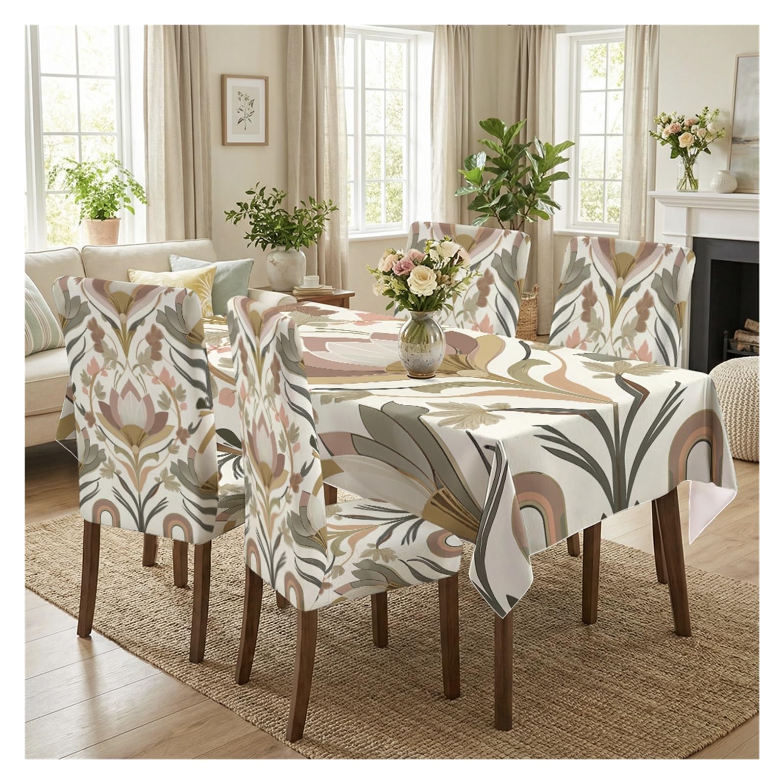 BOSUYBN Art Nouveau Symmetric Floral Dining Tablecloth & Chair Covers Set, 5/7 Piece Neutral Muted Tone Modern Vintage Decor Table Setting(5pcs Set: Tablecloth+Chair Covers)