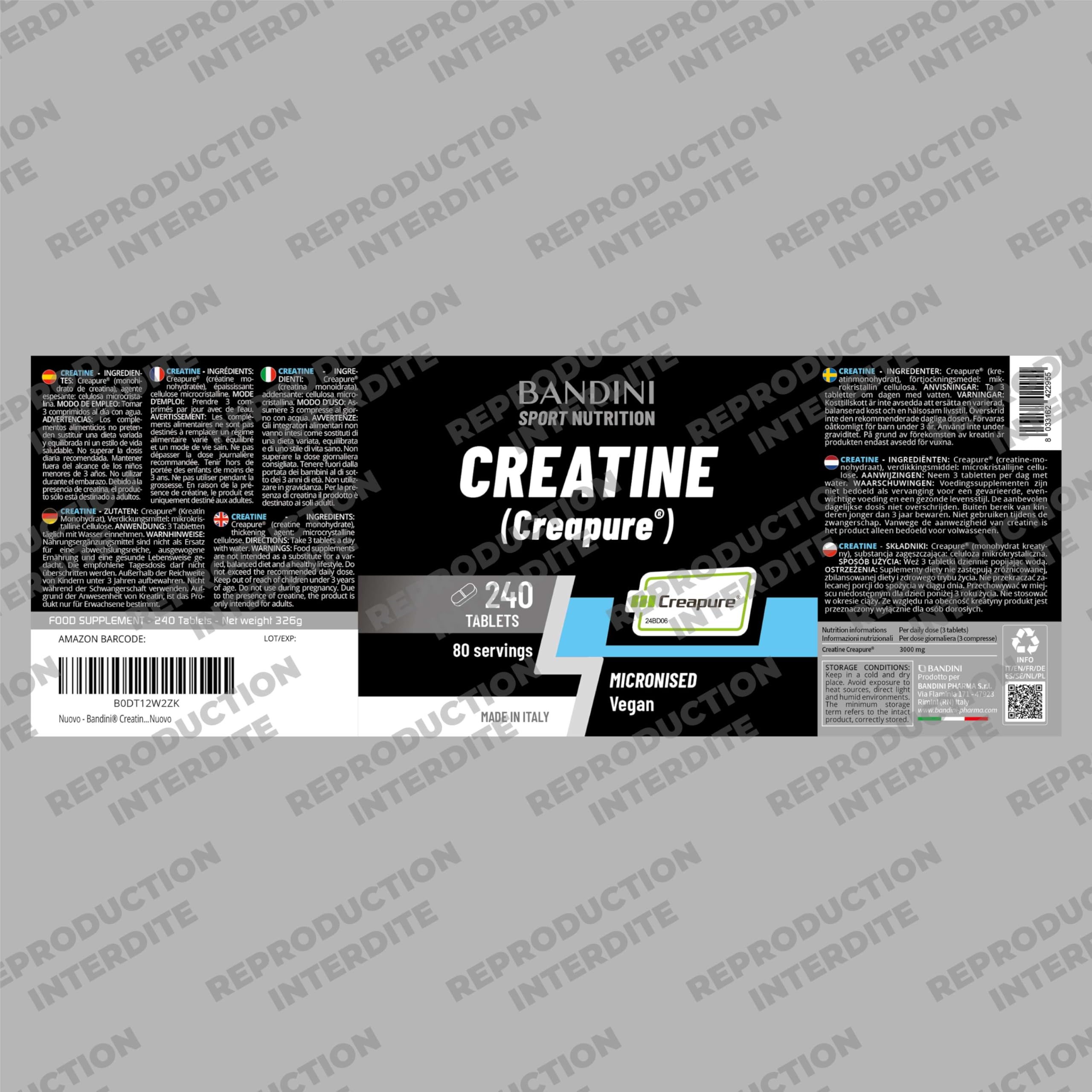 Bandini® Creatine CREAPURE® Monohydrate 240 Comprimés 3000mg par dose - | Entraînement, Sport, Gymnastique et de Pré-Entraînement - Monohydrate de Créatine pour l'ATP et la Récupération - 100% Vegan