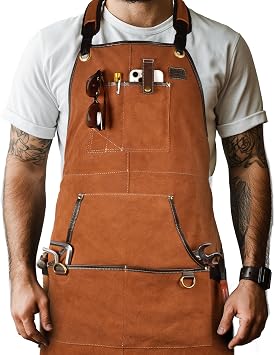 LEATHER VILLAGE Work Apron - Heavy Duty Woodworking Apron for Men with Tool Pockets for Woodworkers, Blacksmiths, Carpenters Tan Color Size M to XXL