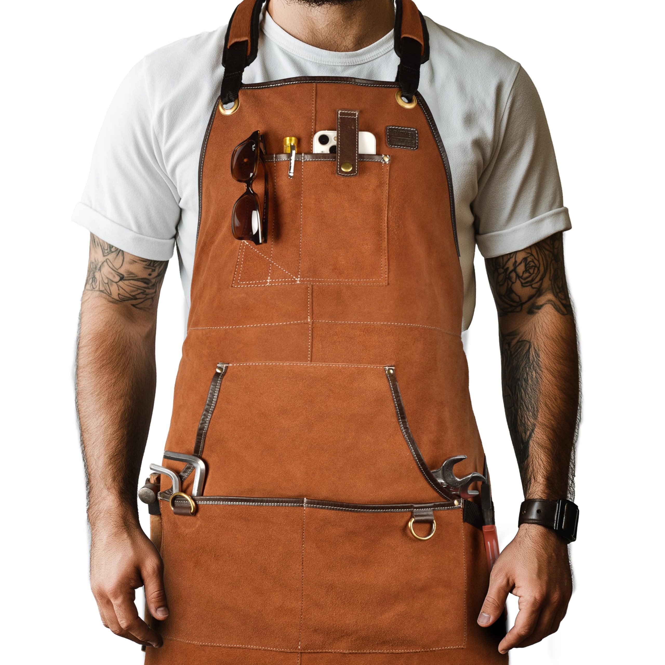 LEATHER VILLAGE Work Apron - Heavy Duty Woodworking Apron for Men with Tool Pockets for Woodworkers, Blacksmiths, Carpenters – Tan Color (Size M to XXL)