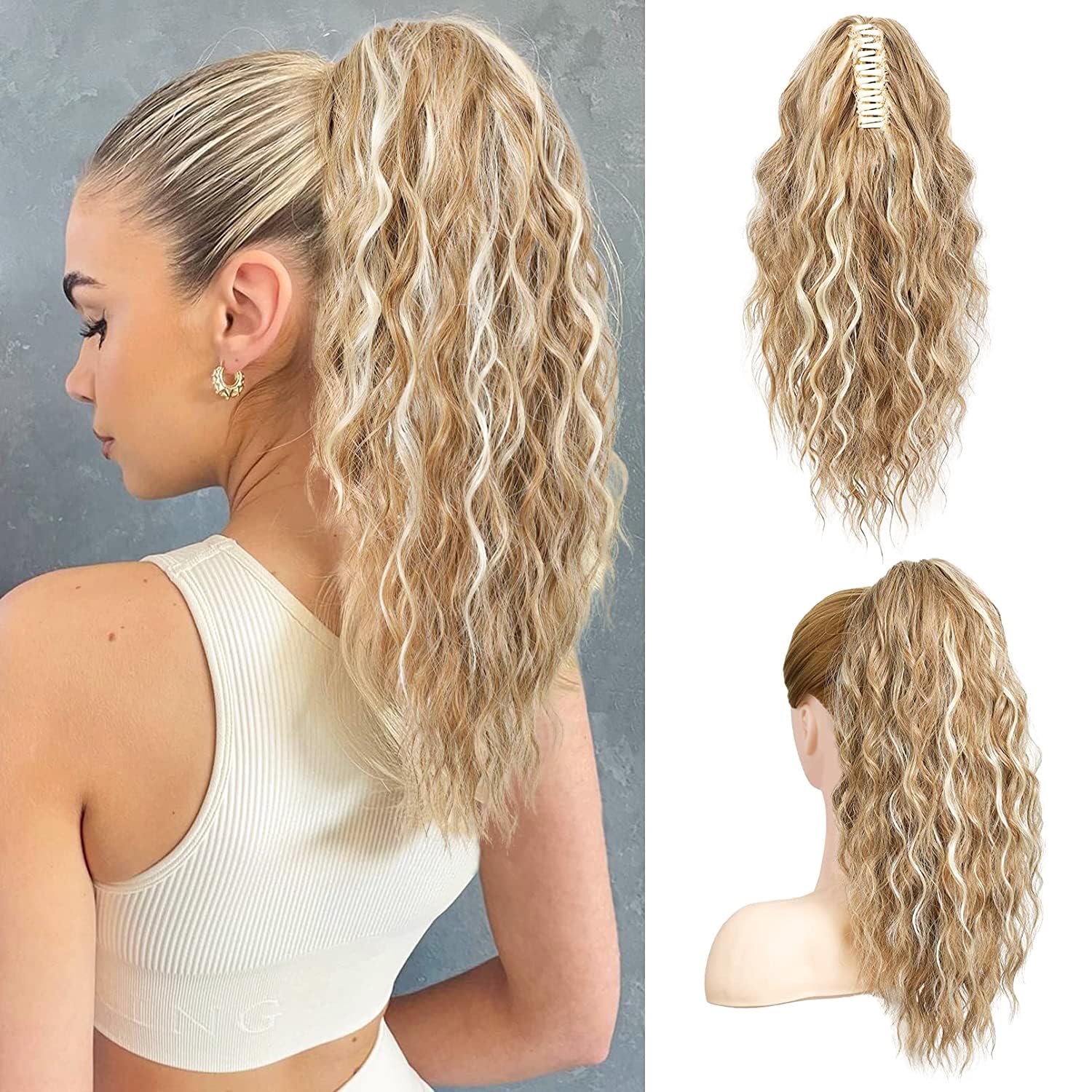 PORSMEER Ponytail Extension,Claw Clip Ponytail Hair Extensions Blonde Mix Light Brown Natural Looking Long Curly Wavy Multi Layered Fluffy Synthetic Hairpiece for Women Party Daily Wear 18inch