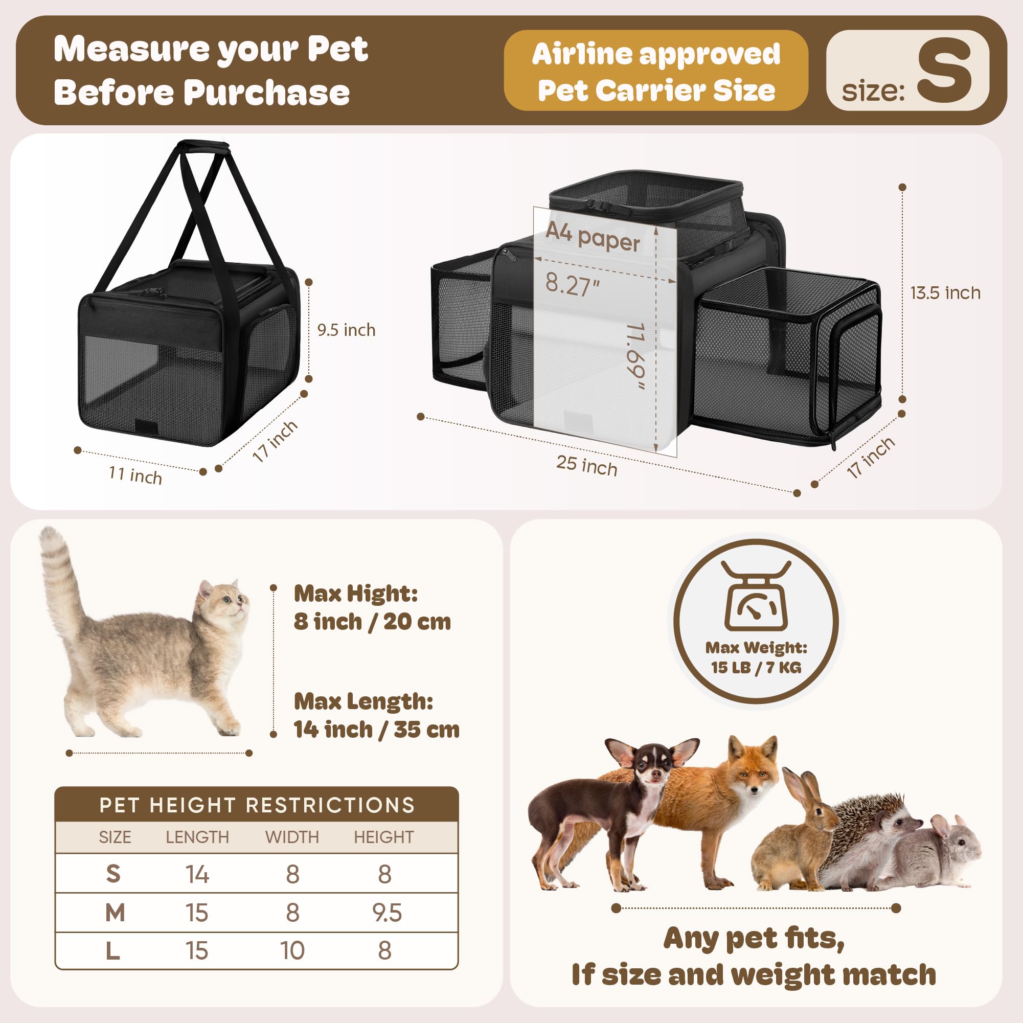 Sac de transport extensible sur le dessus et sur les 2 côtés pour petits chiens, sac de transport souple avec fermetures éclair autobloquantes pour chaton, lapin, chiot, cochon d'Inde, 43,2 x 27,9 x