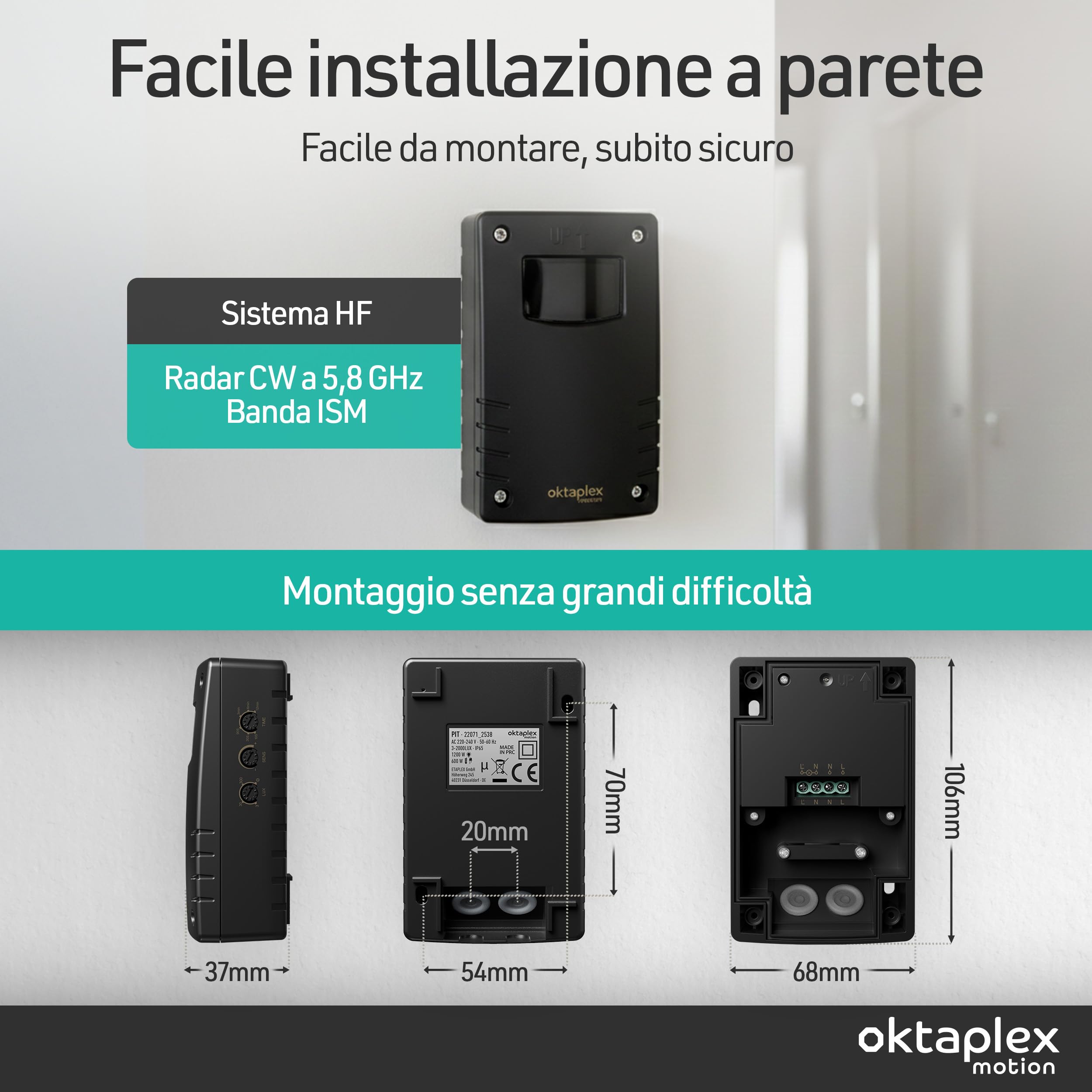Set da 2 Oktaplex Pit rilevatori di presenza HF 5,8 GHz neri | Sensore di movimento HF 180° 5-15 m IP65 da parete per interni, adatto a LED