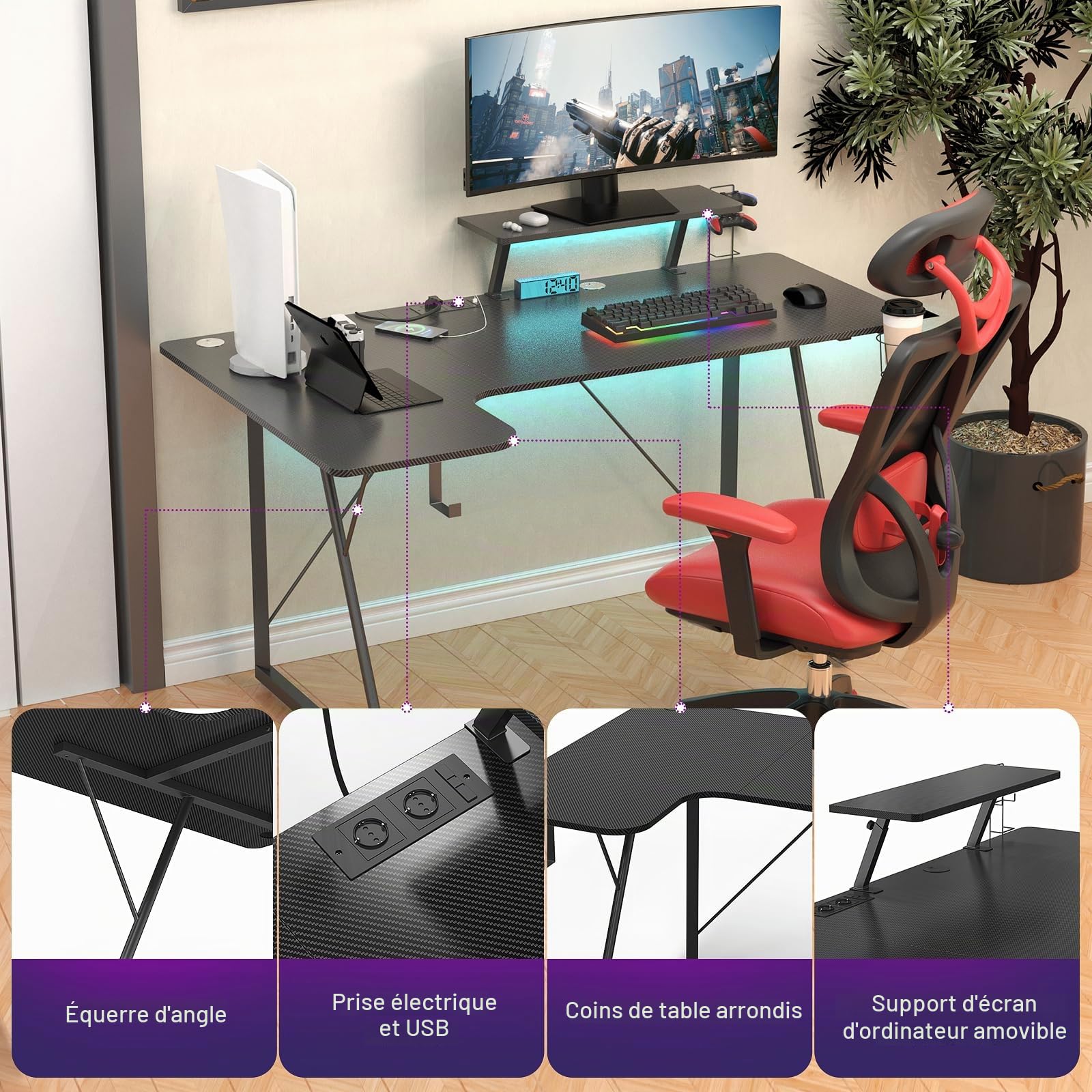 Bureau Gaming 150x90, Table Gaming avec 2 Prises Electriques et 2 Ports USB, Bureau en Forme de L, Fibre de Carbone, Support de Moniteur, pour Etudier, Jouer et Travailler, Noir