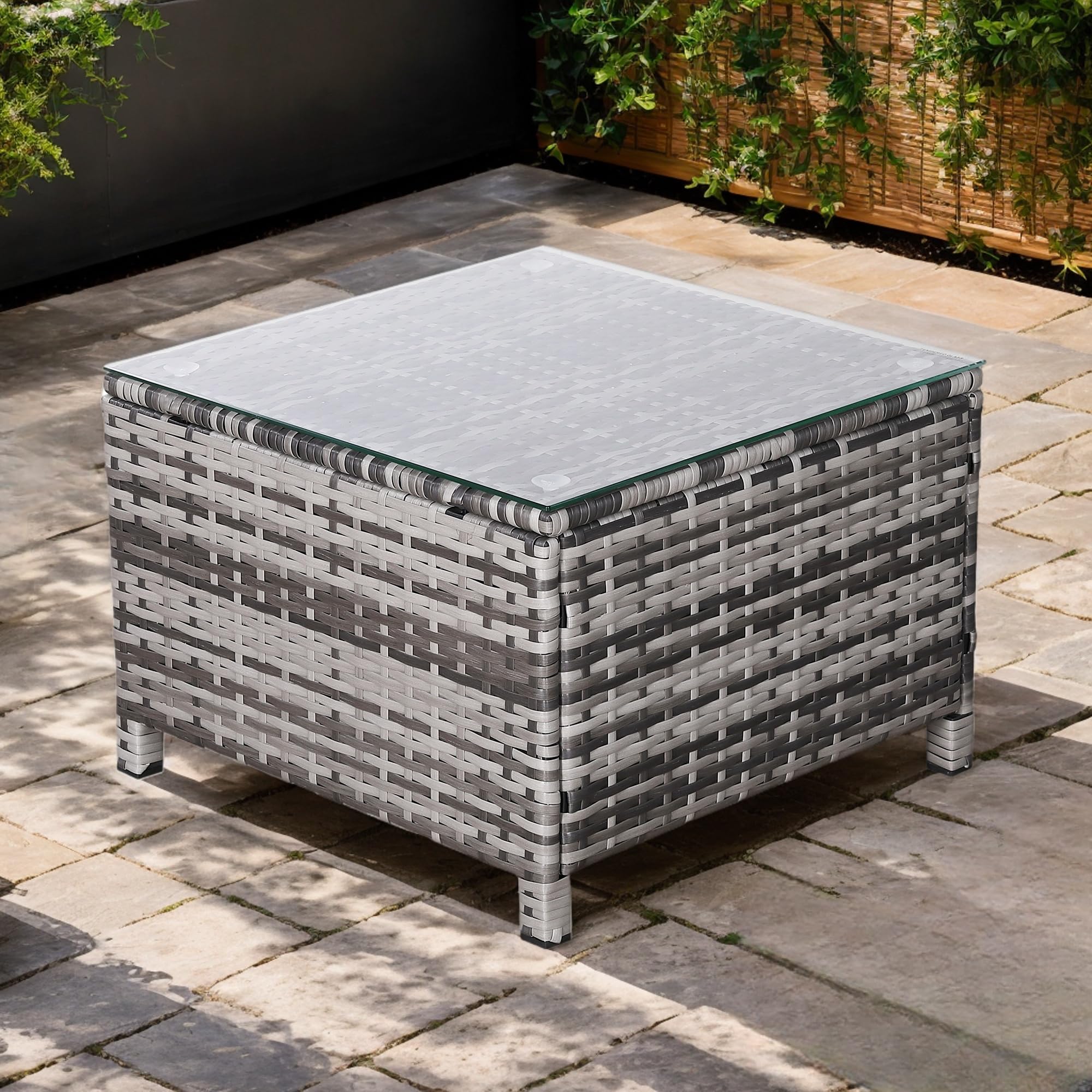 Club Rattan Outdoor Rattan Coffee Table, Side Table with Glass Top, Wicker Weave Side Table,All-Weather Wicker Bistro Outdoor Furniture for Patio, Balcony, Porc (Grey, 55 * 55 * 38)