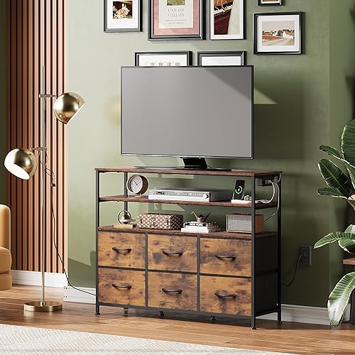 Miniatura 2 de WLIVE Soporte de TV para TV de 40 y 45 pulgadas, centro de entretenimiento con luces LED y estación de carga, mesa consola multimedia de TV con 6