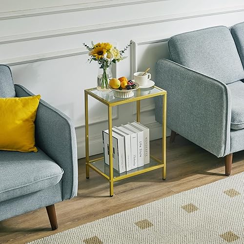 Miniatura 4 de YMYNY UHGD002G - Mesa auxiliar de vidrio templado, mesa auxiliar de 2 niveles con estantes de almacenamiento, mesita de noche estrecha, para