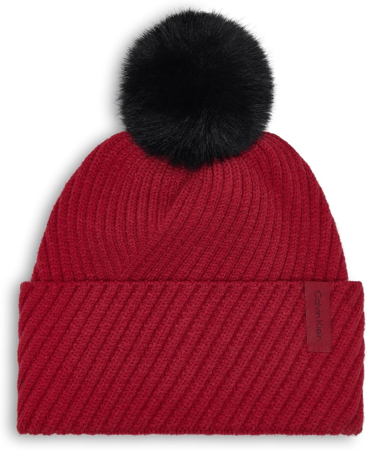 Calvin Klein Women's Diagonal Rib Winter Beanie with Faux Fur Pom