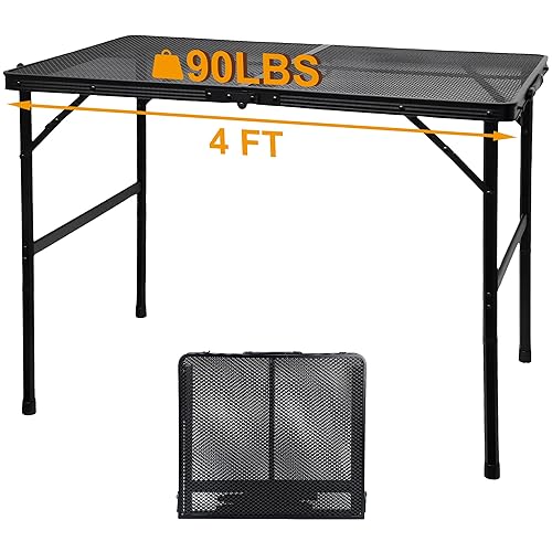GREGIN Camping Table with Mesh Desktop, Lightweight & Portable Folding Grill Table, Height Adjustable Metal Outdoor Table for Camp, Cooking, BBQ, RV, Picnic-4 FT Black - L: 47.24"L x 23.62"W x 16.5"H/26"H