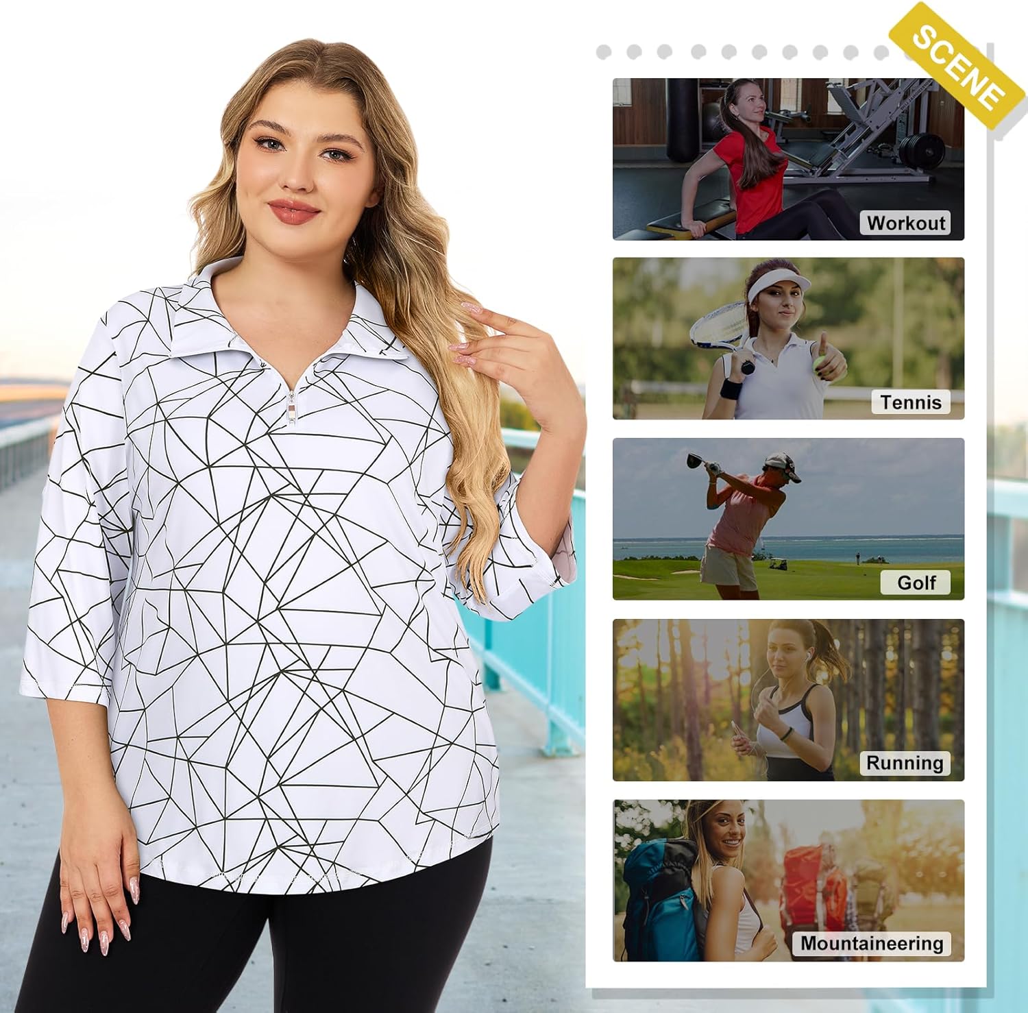 Koscacy Women's Plus Size 3/4 Sleeve Golf Tennis Polo Shirts Zip Up Dry Fit UPF 50+ Adjust Workout Tops Athletic Shirt - Image 5