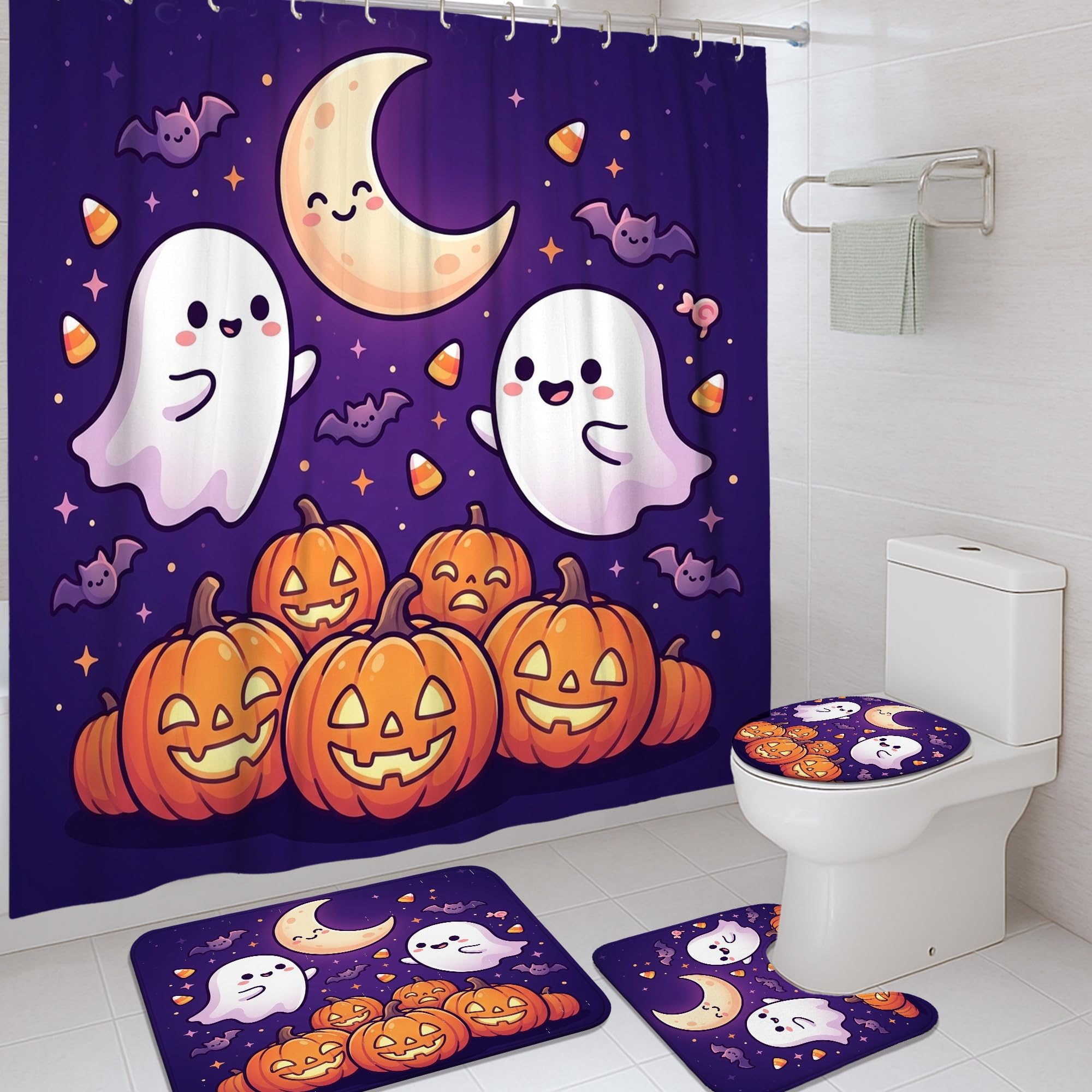 Rideau de douche anti éclaboussures violet 183x183 motif citrouilles Halloween