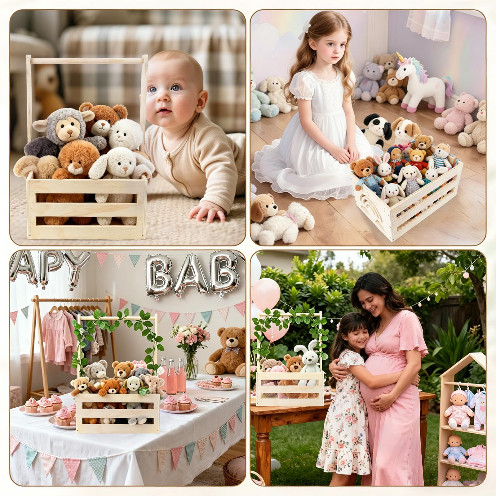 Babyparty Geschenk Holz Babykorb mit Griff, Babyparty Geschenk für Neugeborene, Praktischer Baby Schrank mit Kinder Kleiderbügel und Girlande, Personalisierte Baby Korb für Schwangere Neue Eltern