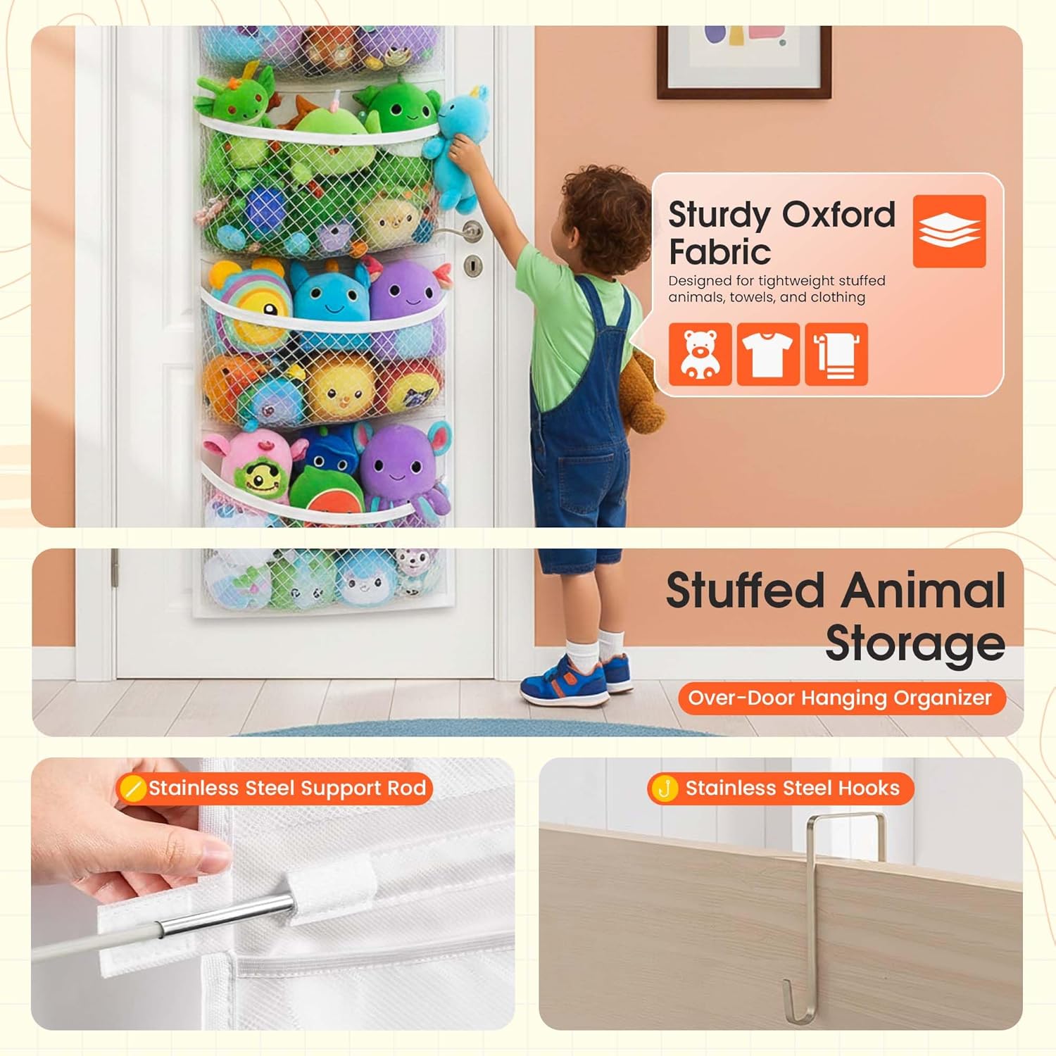 Scalloped Book Shelf Nursery: Kids Wood Bookshelf 3-Tier & Arched Baby Bookcase with Over the Door Stuffed Animal Organizer - Perfect for Nursery, Playroom, or Classroom with Easy Access!