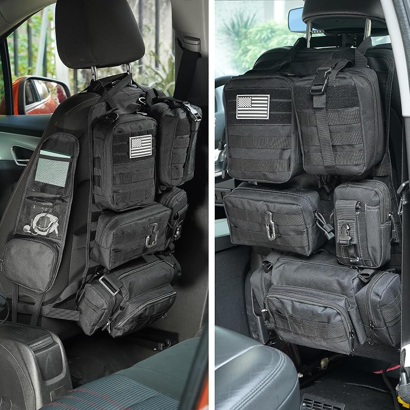 Organizador para Encosto de Banco Automotivo BIAOXMAW com Sistema MOLLE e 6 Bolsas Destacáveis Preto