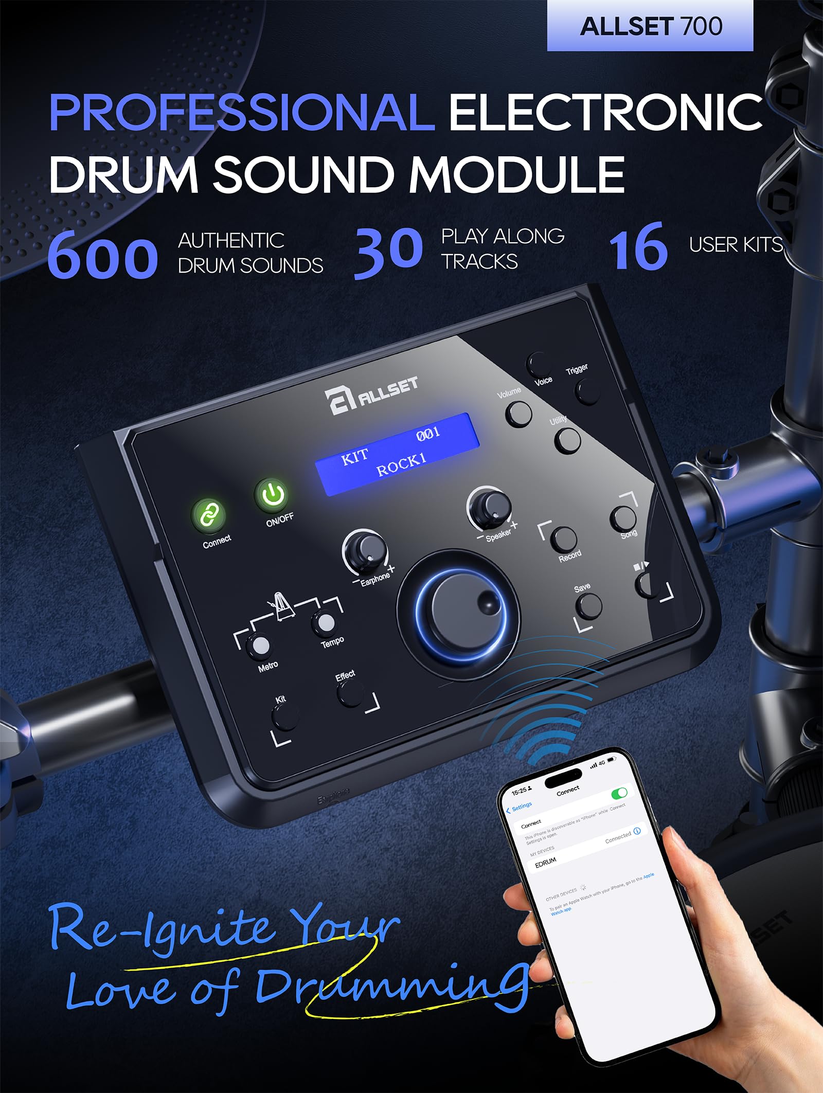 ALLSET 700 - Juego de batería eléctrica profesional con almohadillas para orejas de malla Mude, 10 pulgadas de doble zona Snare, 30 kits y más de 600 sonidos BFD, 2 pedales, trono y auriculares