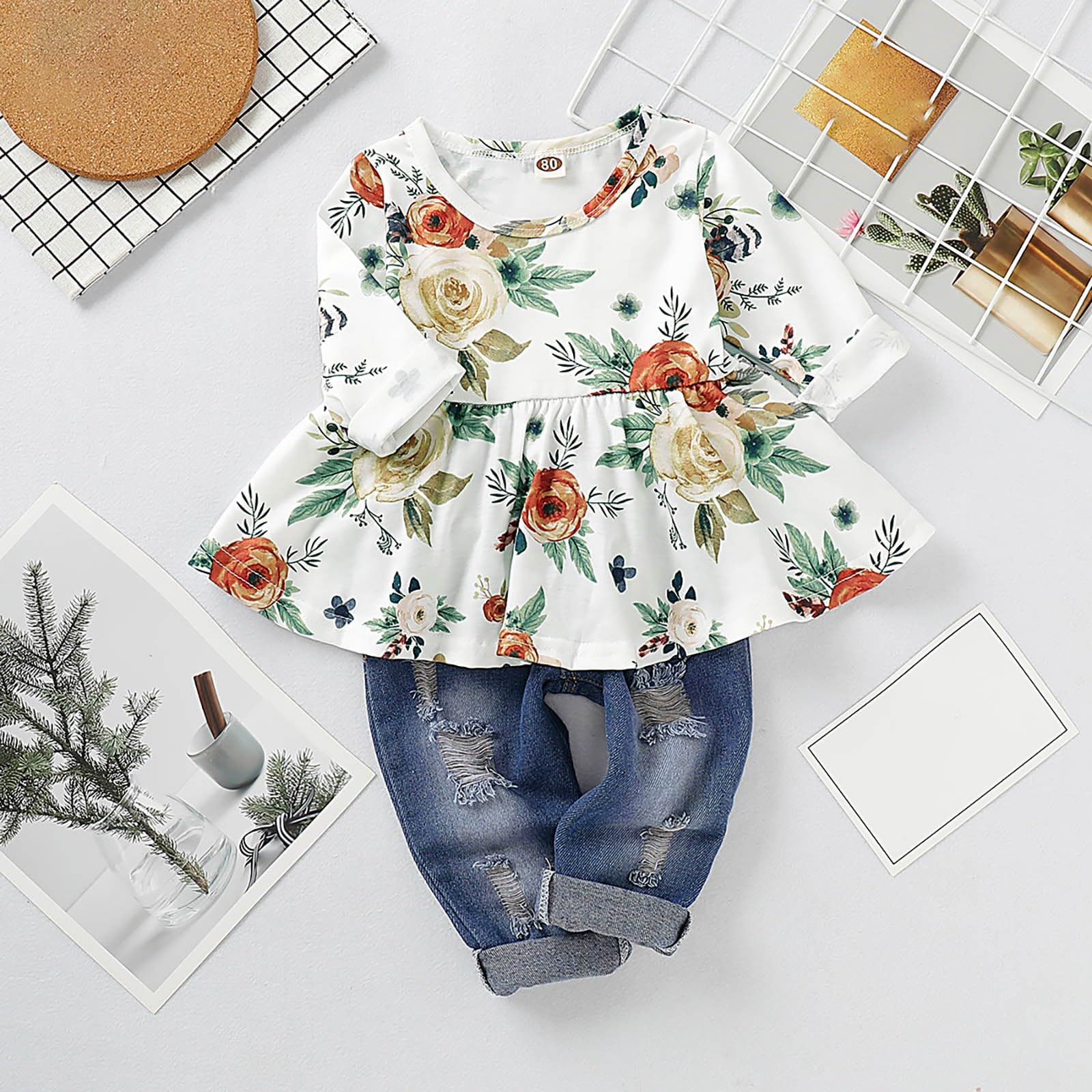 Conjunto de Dos Piezas de Primavera y otoño para niños pequeños Jeans de Color sólido con Estampado de Flores y Dobladillo Ancho con Volantes para niñas Traje De Baño De Mujer Entero
