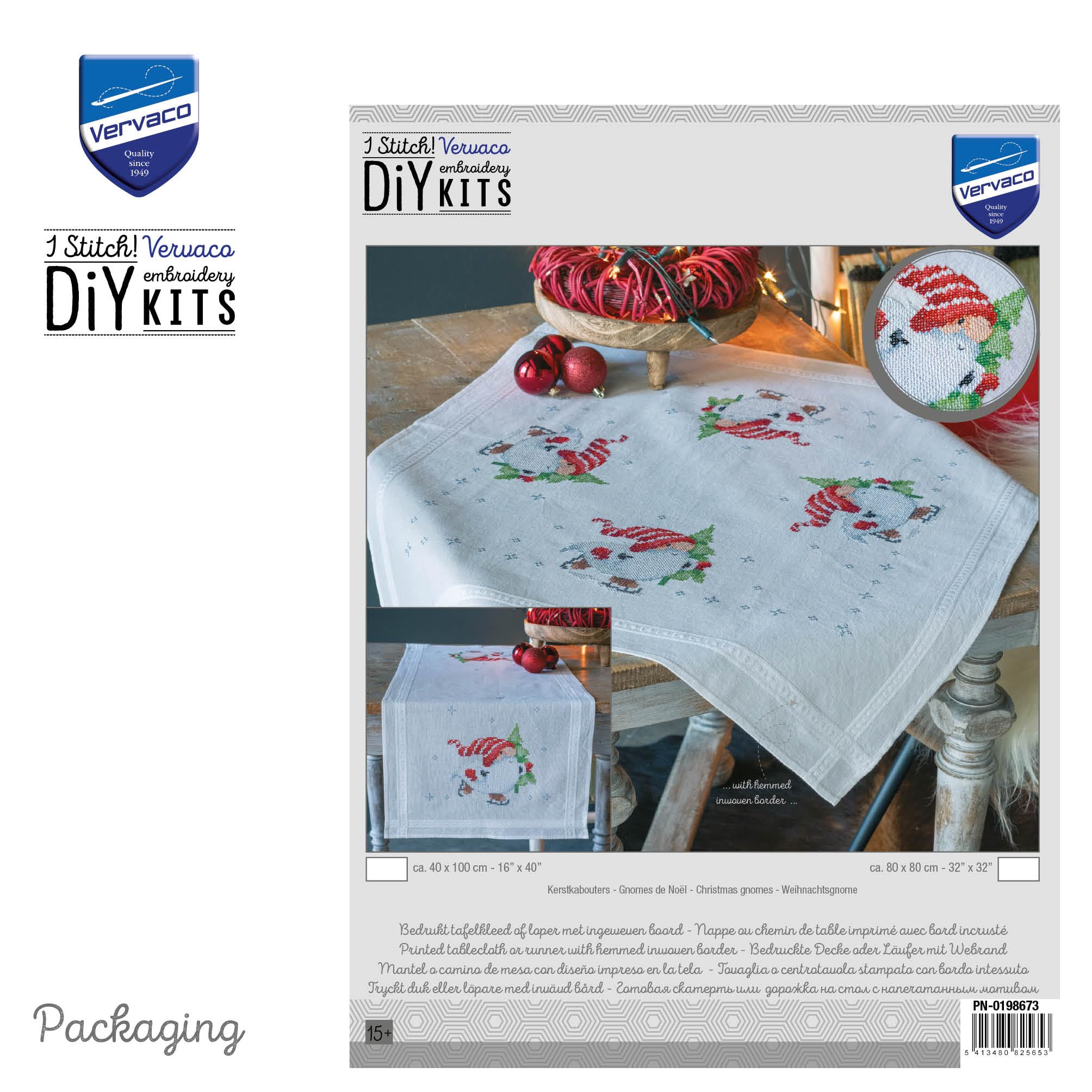 Vervaco Kreuzstich Stickpackungen Tischdecke Weihnachtsgnome Stickdecken Vorgezeichnet Basteln Erwachsene Kreativ Set Vorgedruckte Decke Sticken 80 x 80 cm Stickset DIY Sticken Set
