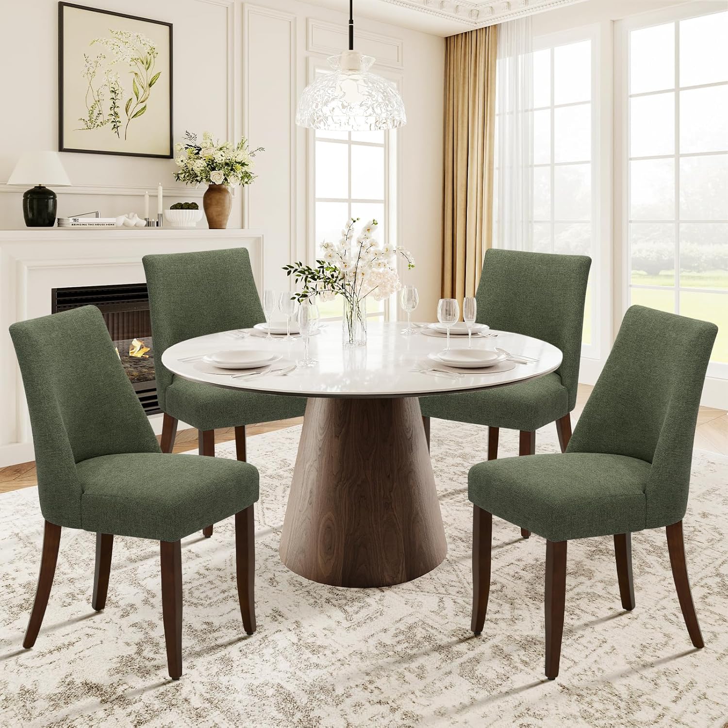 COLAMY Upholstered Dining Chairs Set of 4, Mid Century Modern Kitchen Chairs with Back, Farmhouse Fabric Side Dining Room Chairs with Wood Legs for Dining Room Restaurant, Green Upholstered Dining Chairs Green Set of 4
