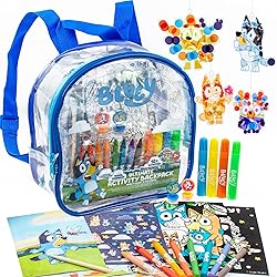Bluey Ultimate Activity Backpack, 10+ Activities, Includes Backpack with 4 Sticker Suncatchers with 4 Suction Cups, 4 Surprise Scratch Arts, 2 Velv-its Posters, 1 Coloring Roll, 4 Markers, Kid Gifts