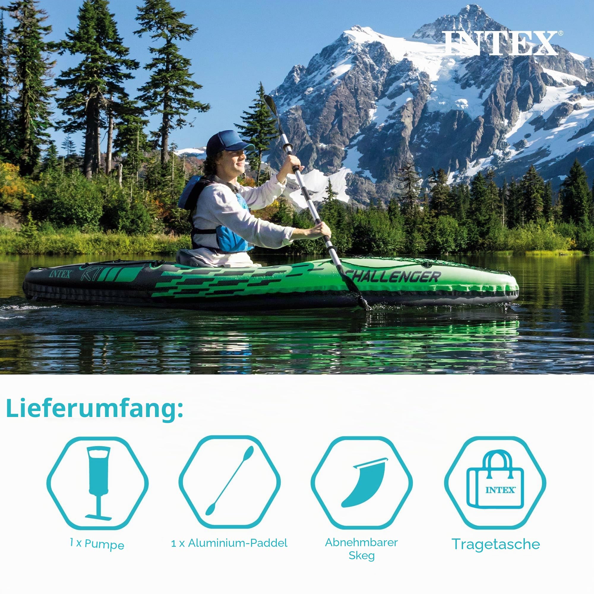 Intex Unisex Boot Challenger K1 Phthalates Free Inkl. 84 Paddel und Luftpumpe Schlauchboot/aufblasbares Kajak, grün/blau, 274 X 76 X 33 cm 68306EP