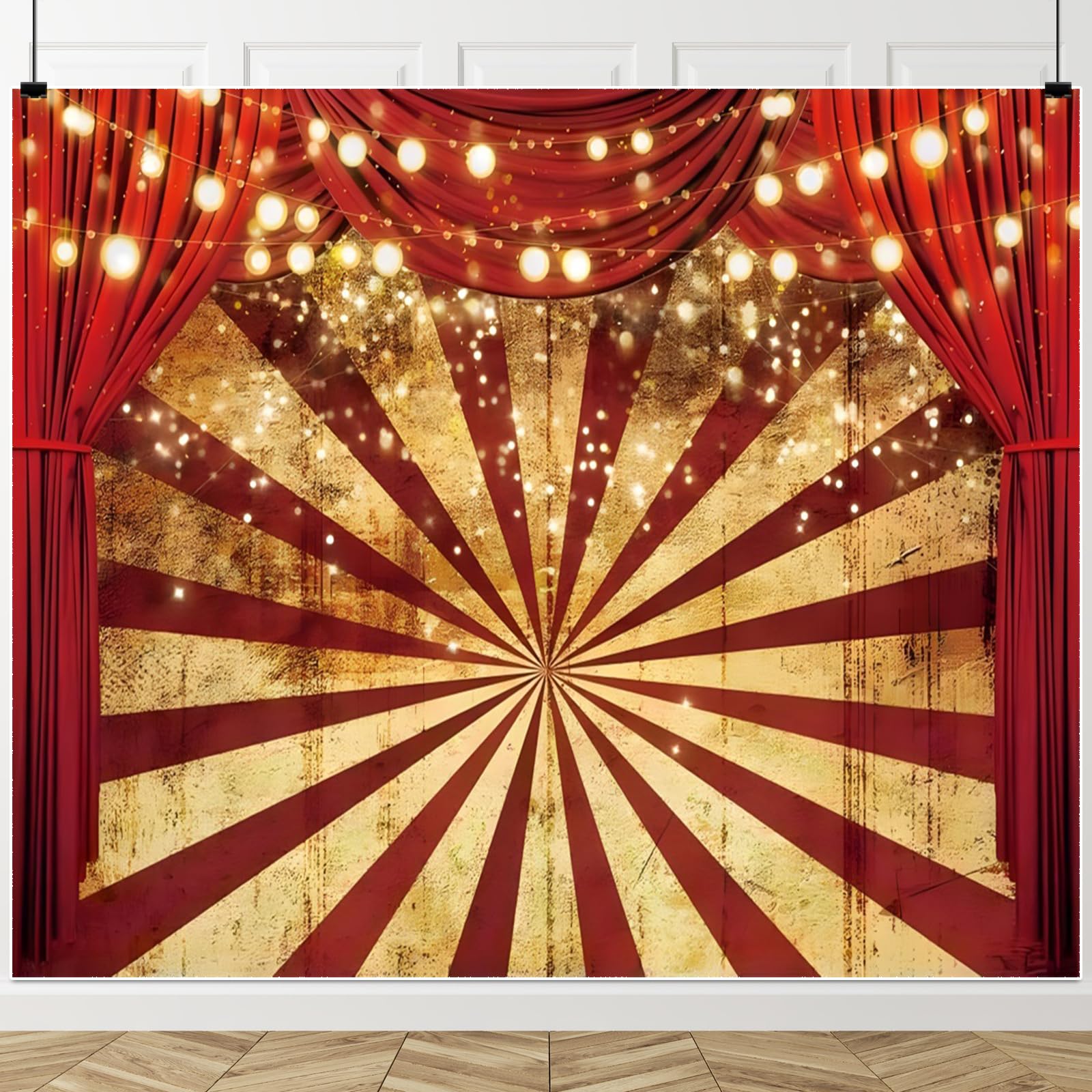 Photo 1 of 10x8ft Circus Backdrop Carnival Theme Party Red Curtain Background Baby Shower Birthday Party Banner Photo Booth Cake Table Decorations