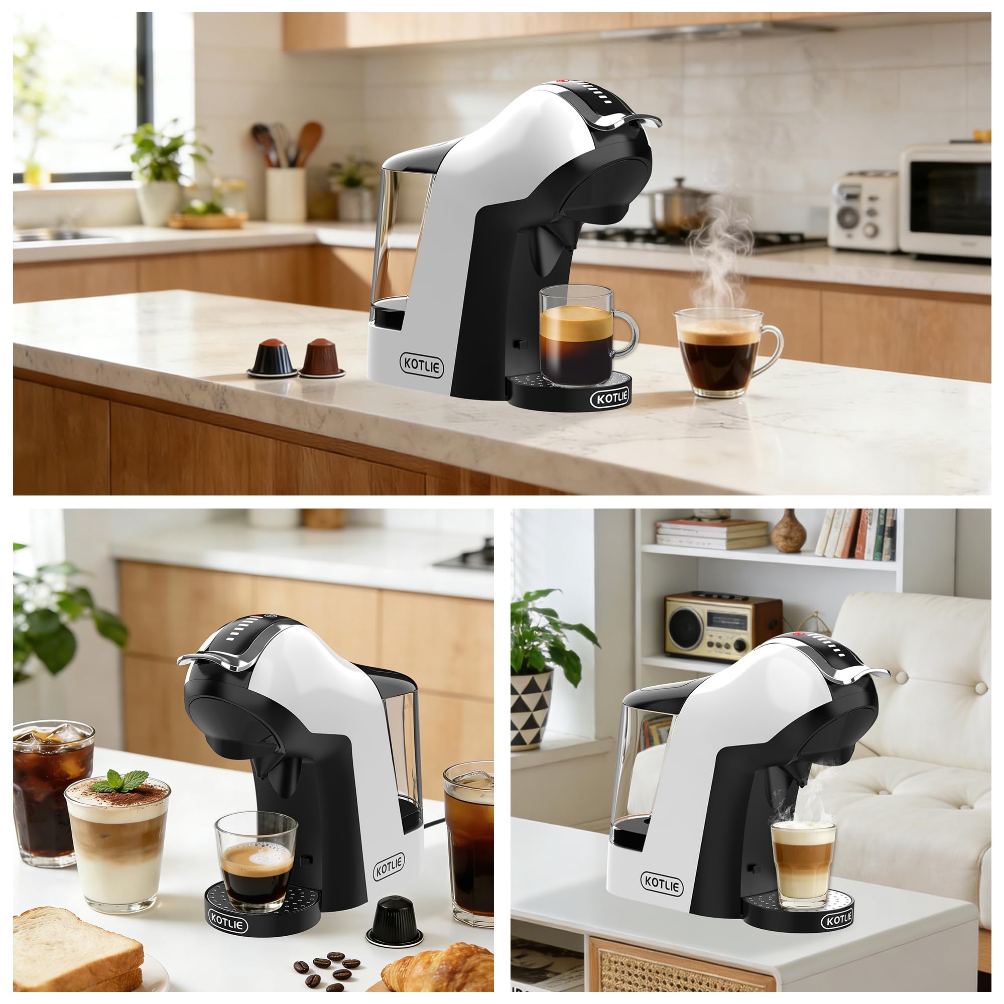 KOTLIE 5 en 1 máquina de café cápsulas 19 Bar, máquina multi-cápsula para Nespresso/Dolce Gusto/pastillas ESE (44mm)/polvo de café, depósito de agua 1L, 3 temperaturas/7 cantidades de agua