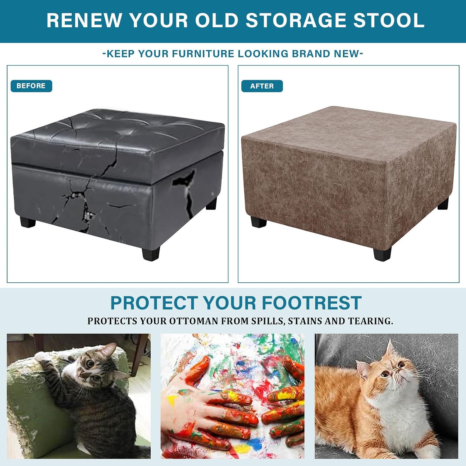 PU Leather Ottoman Slipcover Waterproof Rectangle Stretch Footstool Protector for Living Room Footrest Covers with Elastic Bottom(Color 1,Medium 1Pc)