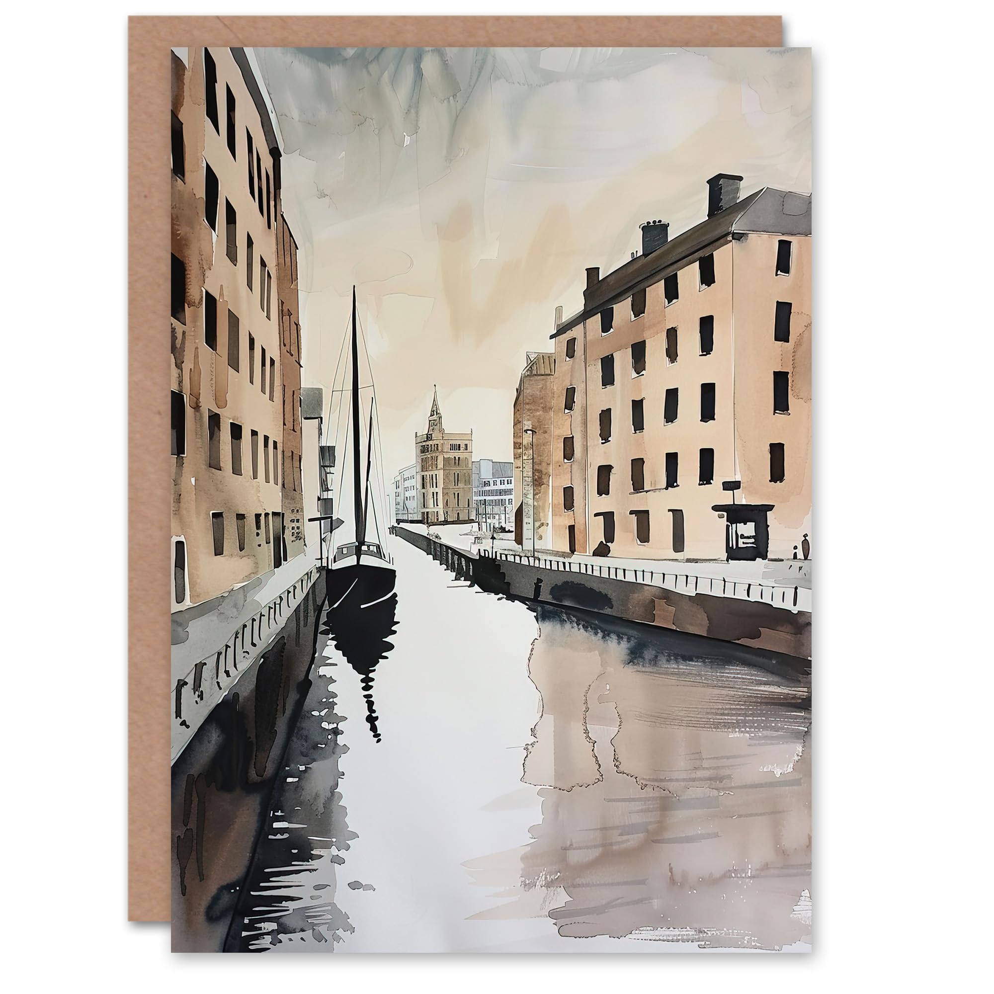 Artery8 Greeting Card Sailboat Sailing in Quiet Canal Watercolour Blank For Him Or Her Art Birthday Card