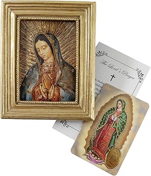 Our Lady Of Guadalupe Picture - with Our Lady Of Guadalupe Card, The Lords Prayer Card | Cuadro De La Virgen De Guadalupe Art Print Frame with Easel Back 3.75x4.5 Inch  Boxed, Set of 3 Items