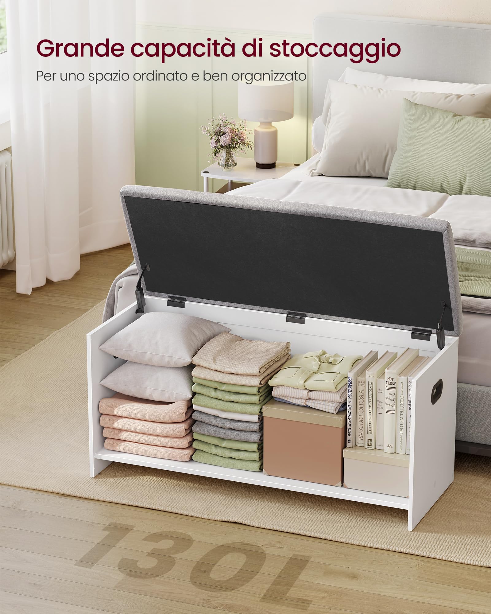 VASAGLE Cassapanca con Coperchio, 2 Cerniere di Sicurezza, Panchina Portascarpe, Stile Rustico, per Ingresso, Camera da Letto, Soggiorno, 41 x 101 x 49 cm, Bianco Opaco e Grigio Tortora LSB068W101