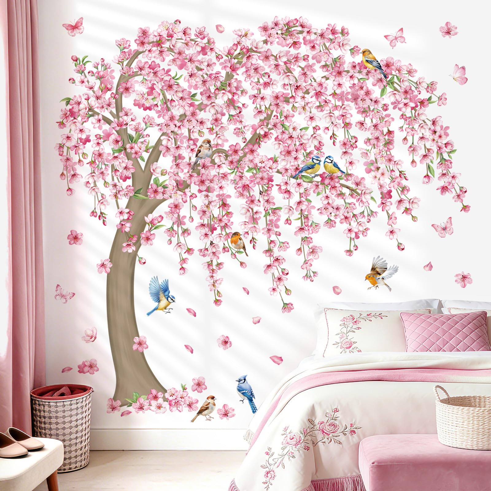 decalmile Stickers Muraux Fleurs de Cerisier Roses Autocollant Mural Grand Arbre Floral Oiseaux Décoration Murale Salon Chambre Mur TV