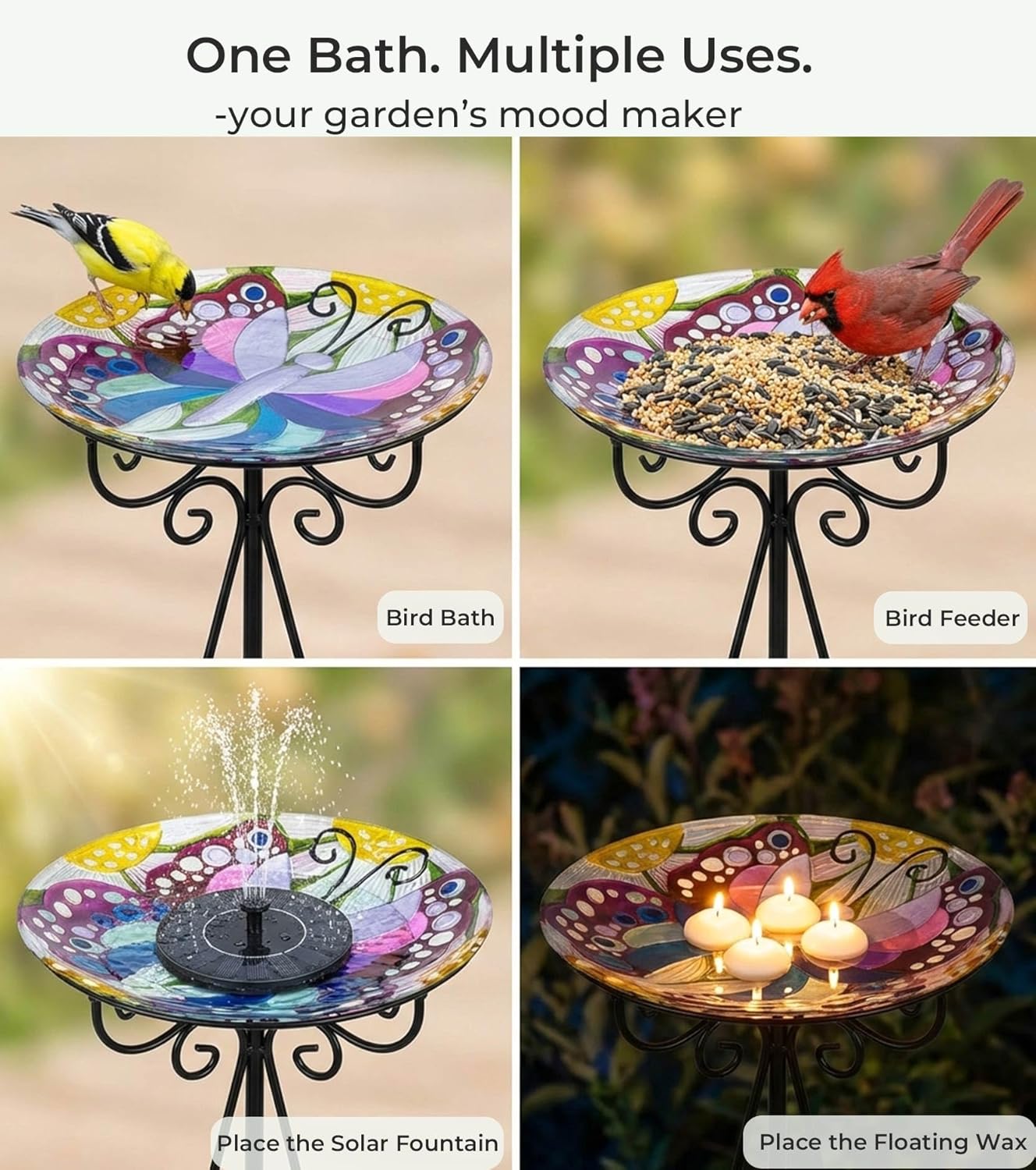 Large Bird Bath for Outside, 18" D Glass Bath Bowl with Metal Stand 28" H Standing Outdoor Birdbaths for Garden Yard Lawn Decor, Butterfly-B