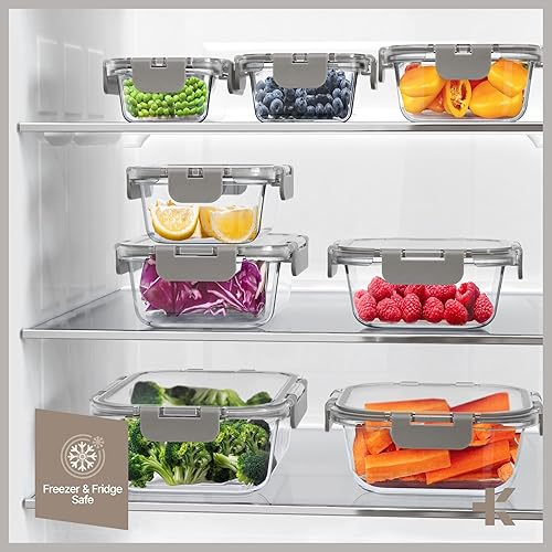 Miniatura 10 de Recipientes de almacenamiento de alimentos de vidrio borosilicato gris con tapas, 16 piezas, de grado alimenticio, apilables, sin BPA, recipientes