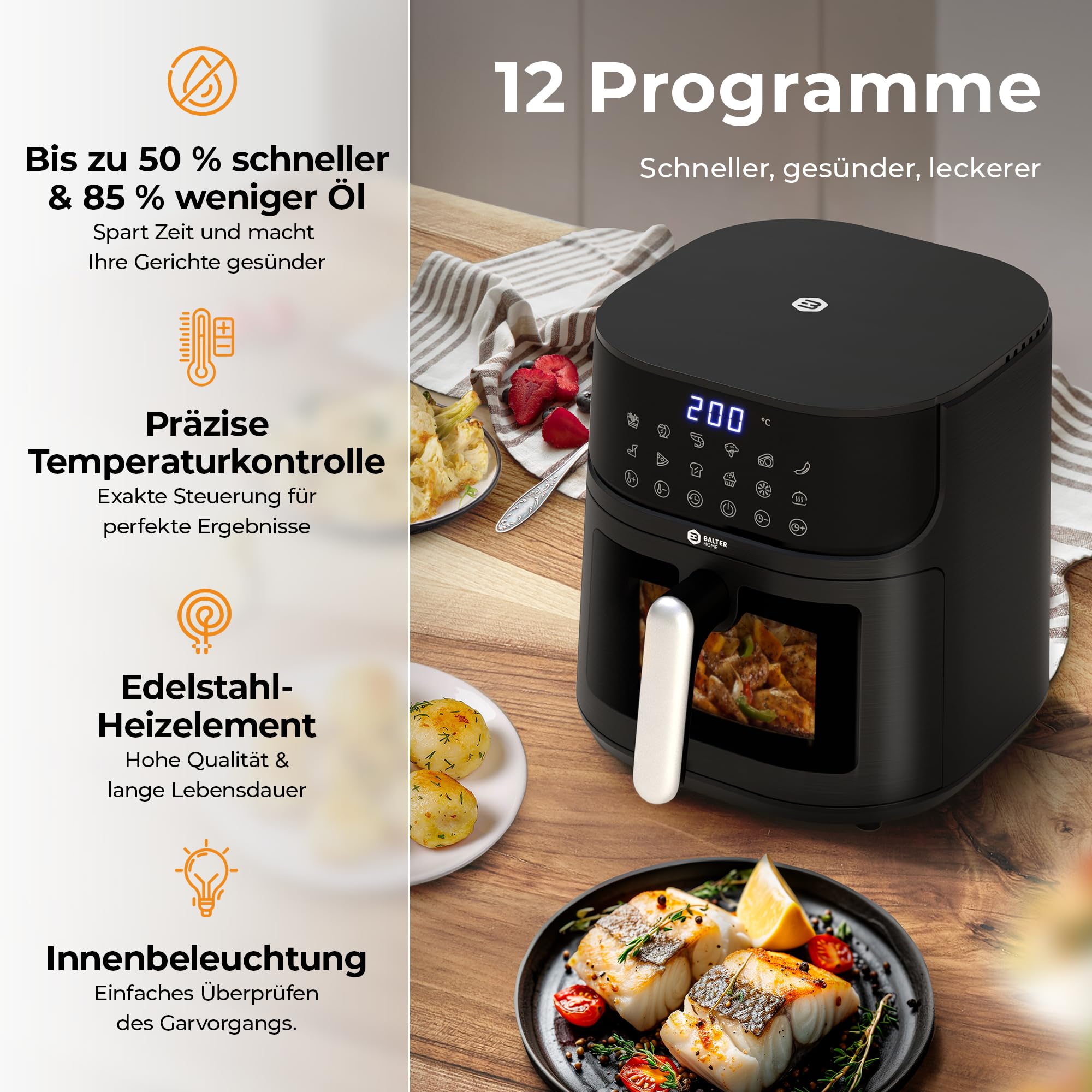 Balter Heißluftfritteuse Airfryer, 5,5 L, Friteuse Heissluftfritteuse XXL mit Sichtfenster, 12 Programme, all-in-1 Air Fryer, inkl. 100 Rezepte, HL-551T