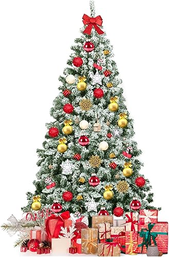 Miniatura 10 de GOFLAME Árbol de Navidad preiluminado de 7 pies, árbol de Navidad artificial flocado con 1328 puntas de ramas de polietileno y PVC, 450 luces LED