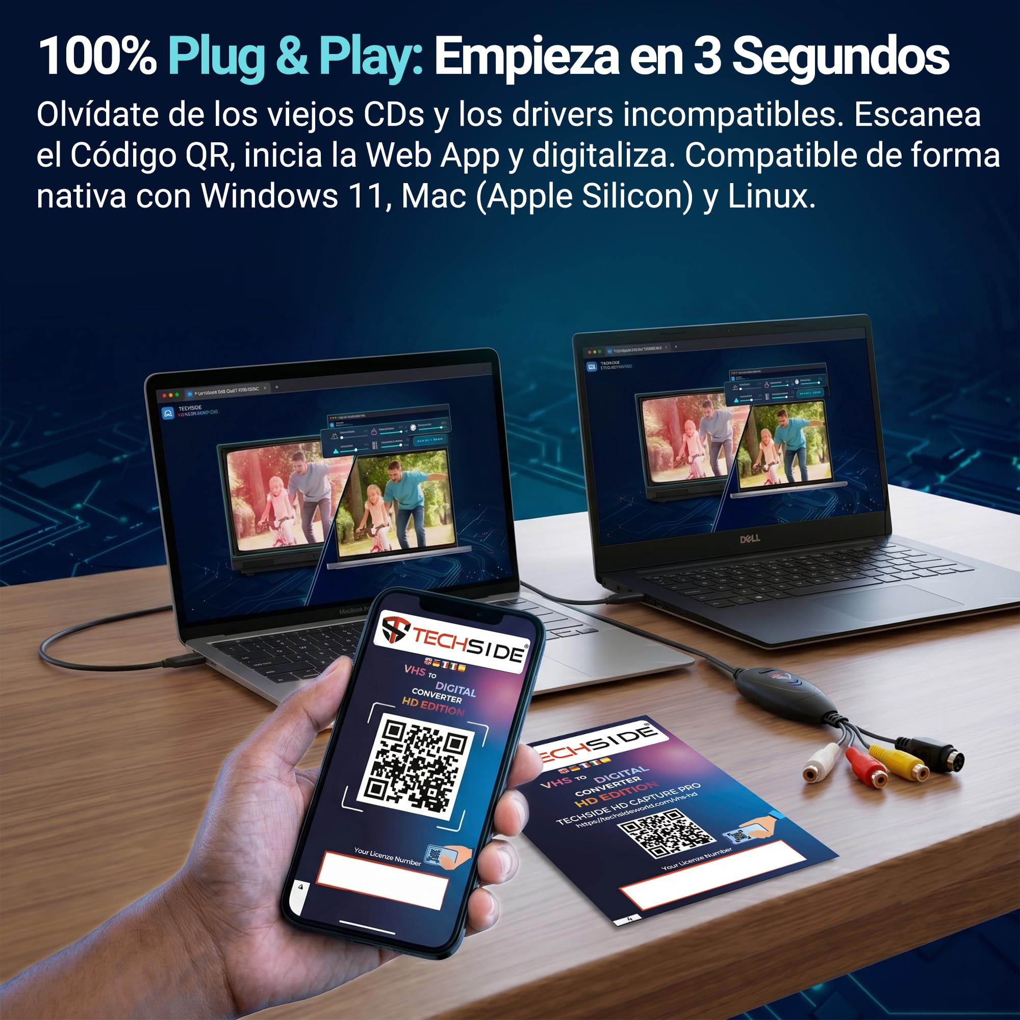 TechSide Video Grabber 2026 | Capturadora de Vídeo y Convertidor VHS a Digital USB 2.0 | Grabador Hi8 DVD PC Mac Windows 11 10 | Digitalizadora de Cintas en Formato MPEG MP4 | Nuevo Software 1080p