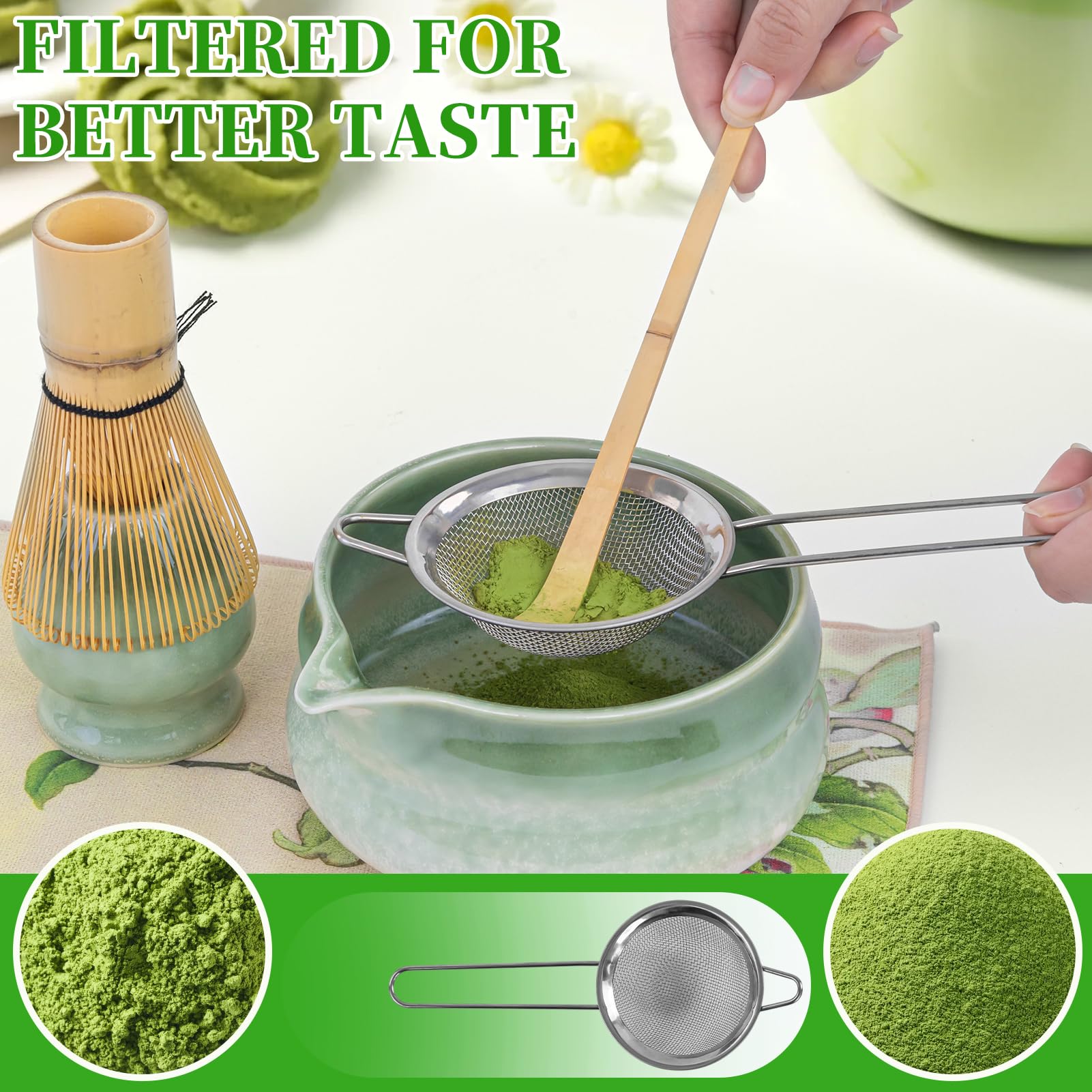 Matcha zestaw 8 sztuk herbaty matcha do przygotowywania kawy z mlekiem | Zestaw miotły do matchy, miska do matchy z dzióbkiem, zestaw trzepaczek do matchy i miska z łyżką i sitkiem, kolor zielony