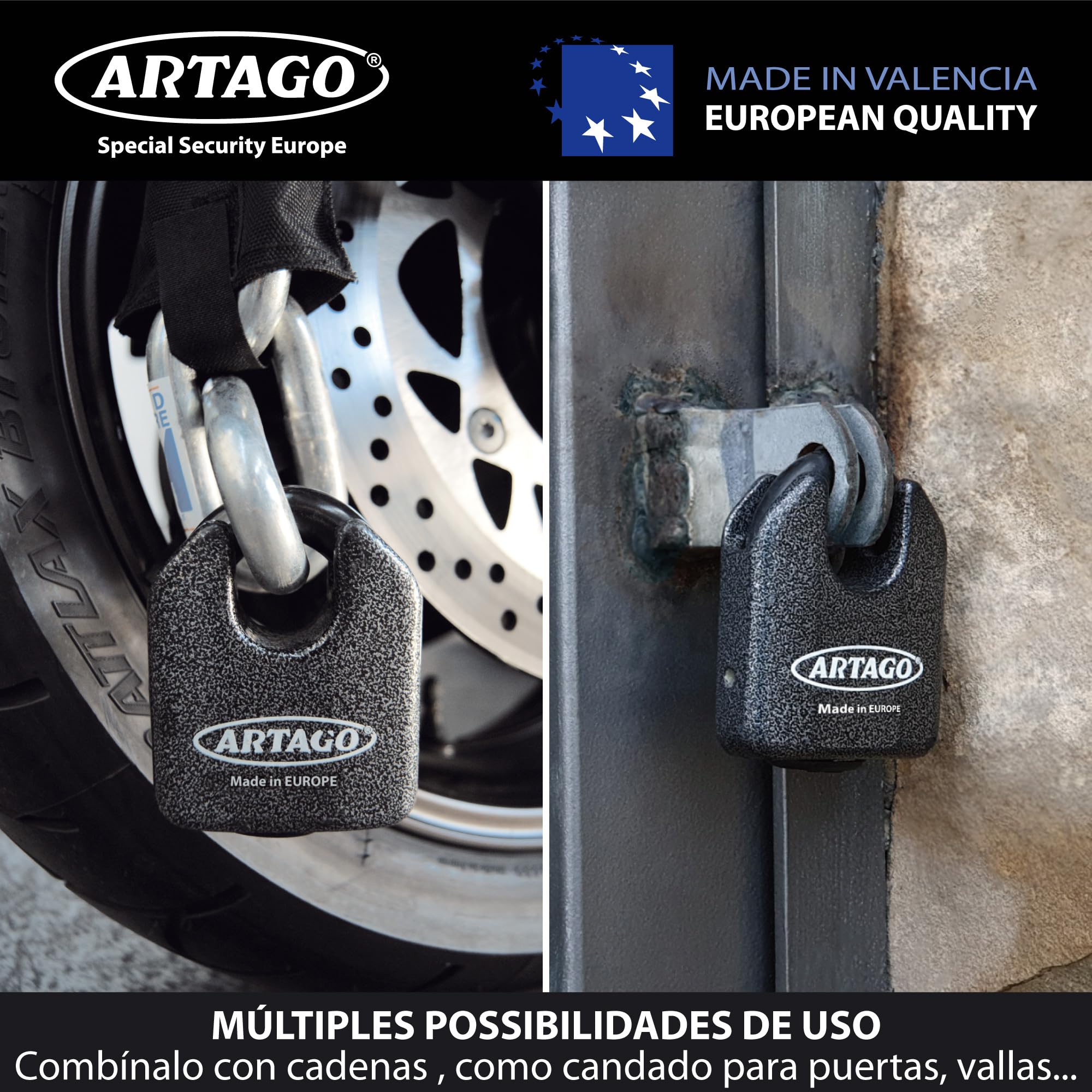 Artago 68T/B Candado Máxima Seguridad ø15mm, BUNKER SELECTION, Homologado Sold Secure Gold, Monoblok, Cerradura con Llave de Alta Seguridad, Combinable con Puerta Exterior, Cadena Grande, Contenedor