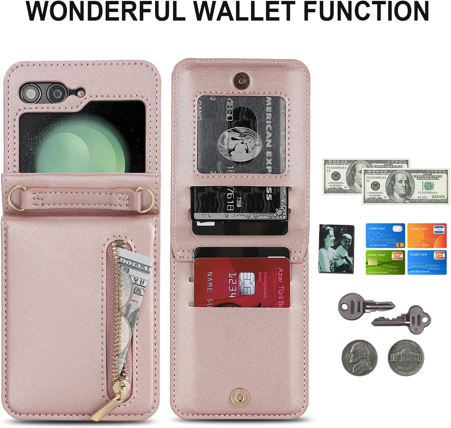 for Samsung Galaxy Z Flip 6 Luxury Zipper Wallet Phone Case, Multi-Function Kickstand Card Holder Adjustable Crossbody Strap, Fashion Flip Case.(Rosegold)