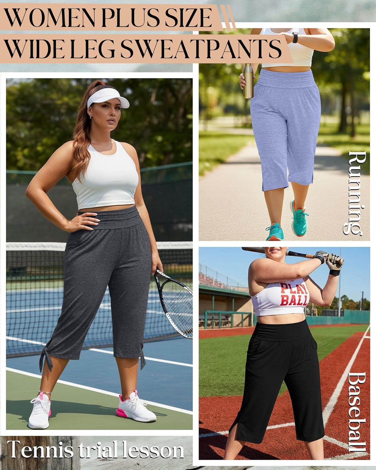 Neer 3 Pack Women's Plus Size Cotton Capri Pants High Waisted Wide Leg Loose Lounge Yoga Cropped Sweatpants with Pockets - Image 5