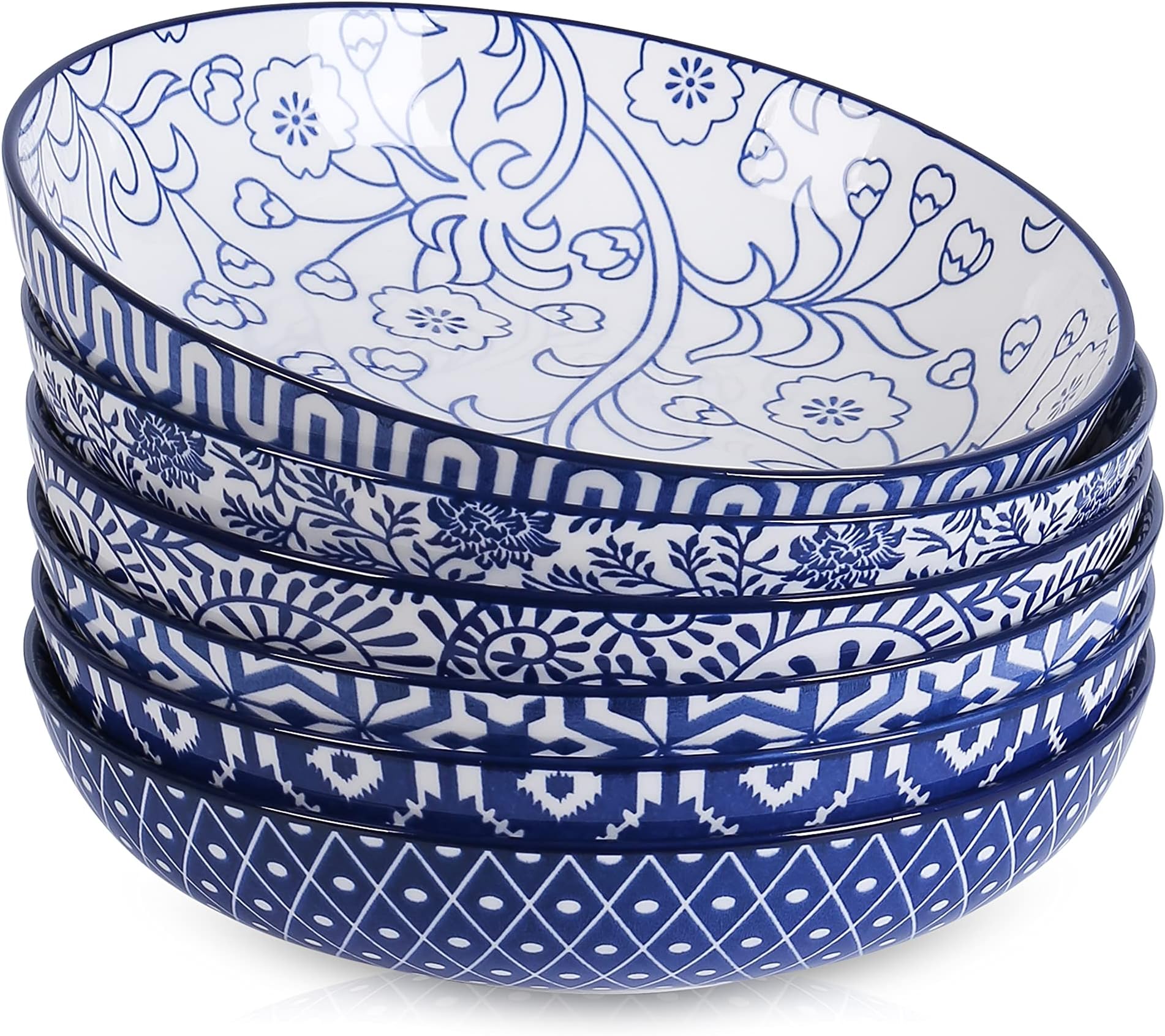 740 ml Pasta Plate, Porcelain Salad Bowl, Set of 6, Deep Soup Bowls, Deep Plates for Spaghetti, Pasta, Soup, Microwave and Dishwasher Safe, Stackable, Vintage Blue