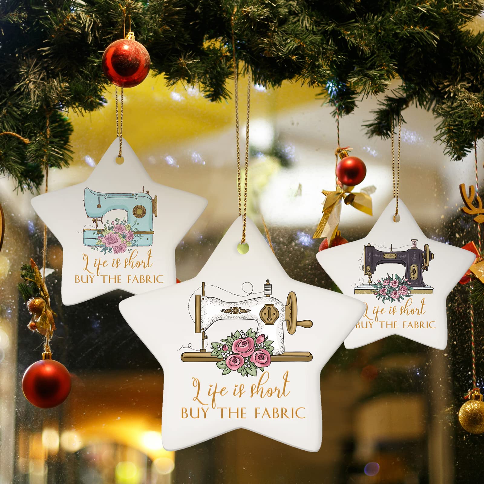 3 piezas de ornamento para máquina de coser para árbol de Navidad, regalo de agradecimiento a los empleados, regalo de agradecimiento a granel de cerámica en forma de estrella vintage para compañero 4