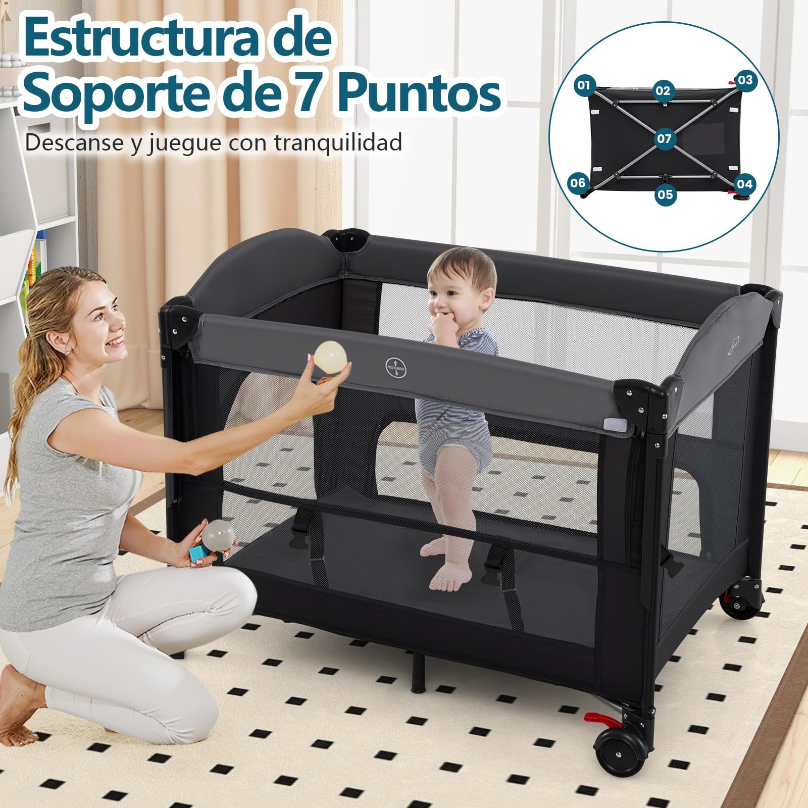 COSTWAY Cuna de Viaje Plegable con Cambiador, Moisés Portátil para Bebés, Cuna de Colecho con 4 Alturas Ajustables, Colchón, Dosel con Mosquitera, Almacenaje, Barra de Juguetes y Bolsa