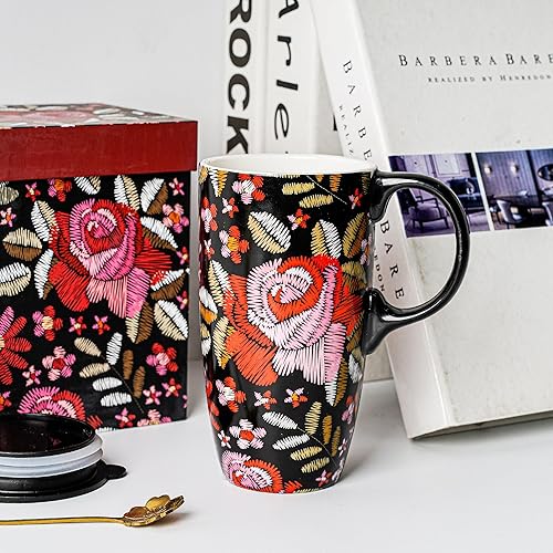 DUSVALLY Taza de café de cerámica,Taza de té de 17 onzas,Taza de porcelana linda con mango y caja de color,Flor roja