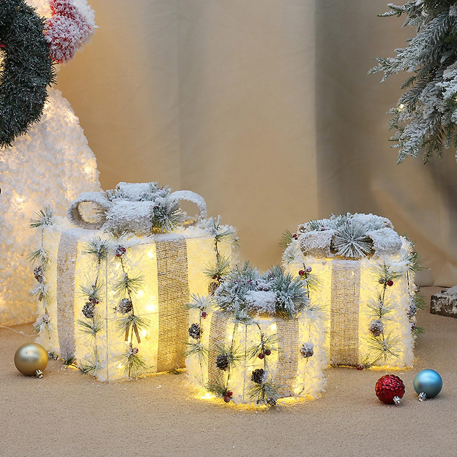 Chmadoxn Set of 3 Christmas Lighted Gift Boxes Decorations, Pre-lit Snowflakes Present Box with Silver Bowknot, Light Up Xmas Tree Skirt Ornament, Indoor Outdoor Plug in for Home Pathway Party